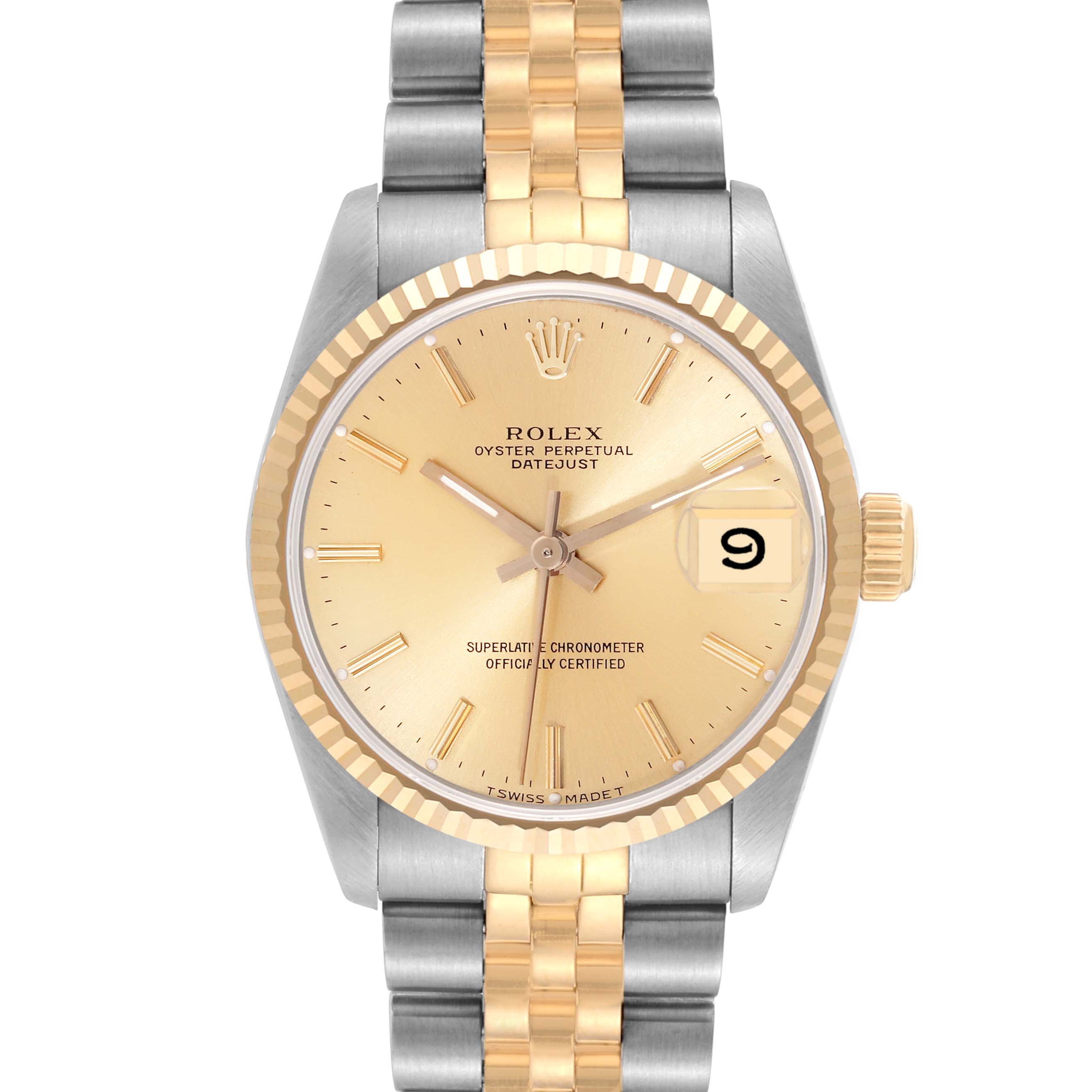 The image shows a front view of a Rolex Oyster Perpetual Datejust Mid-Size watch with a two-tone strap and gold dial.