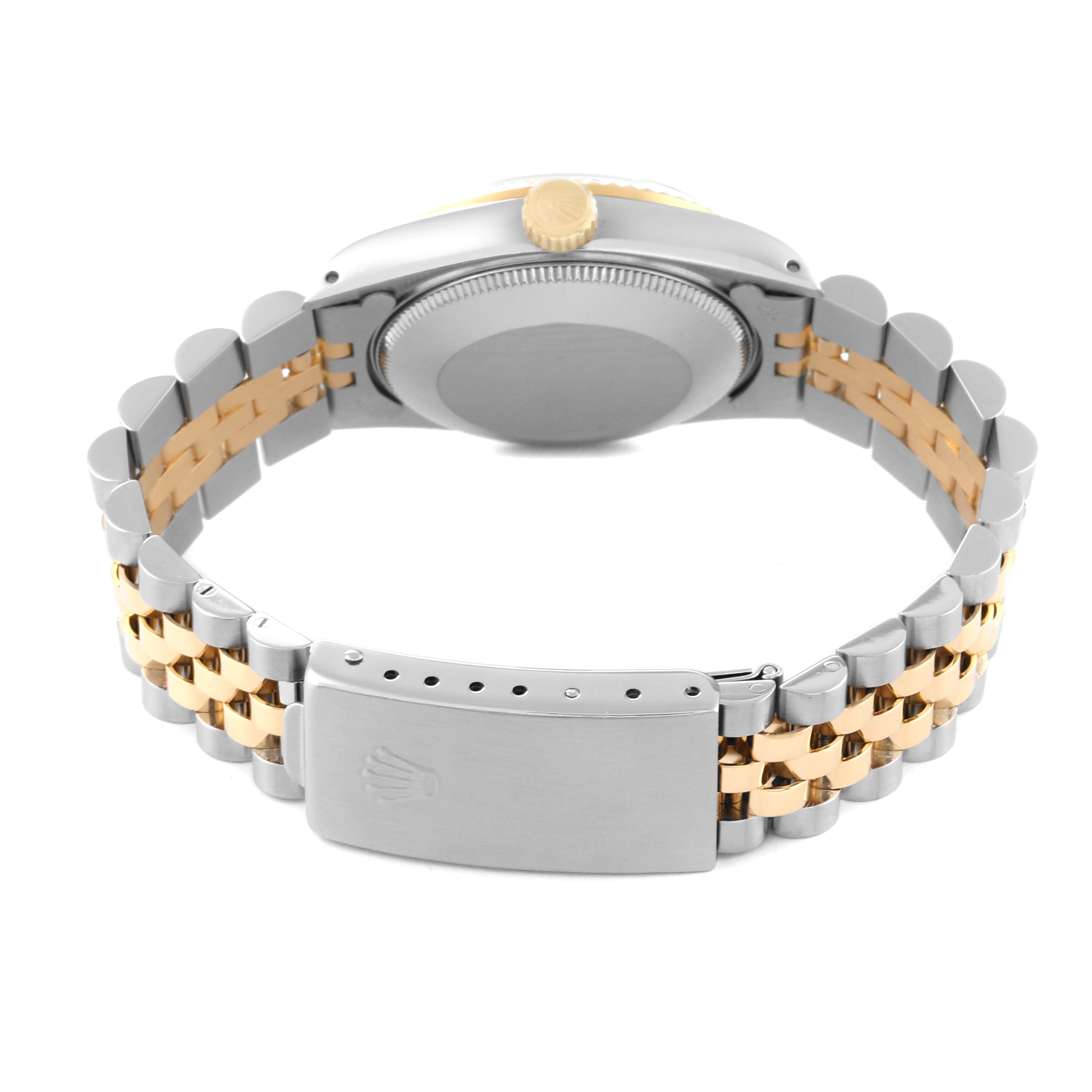 This image shows the back view of a Rolex Mid-Size 68273 Women's Steel and Gold (two tone) Champagne Dial 68273 Women's Steel and Gold (two tone) Champagne Dial watch, featuring the case back, crown, and two-tone bracelet with clasp.