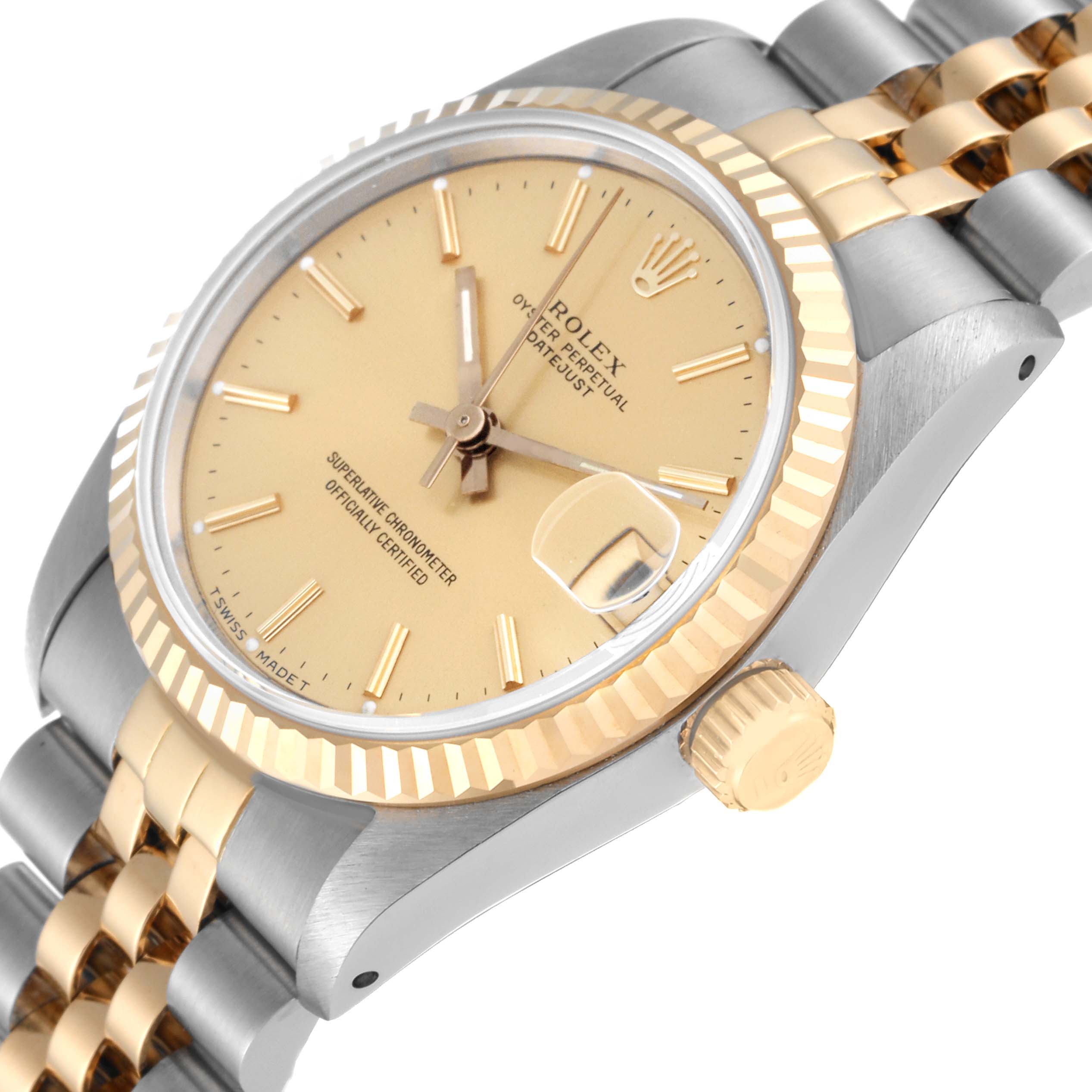 This image shows a mid-size Rolex watch at an angle, highlighting its bracelet, bezel, dial, and crown.