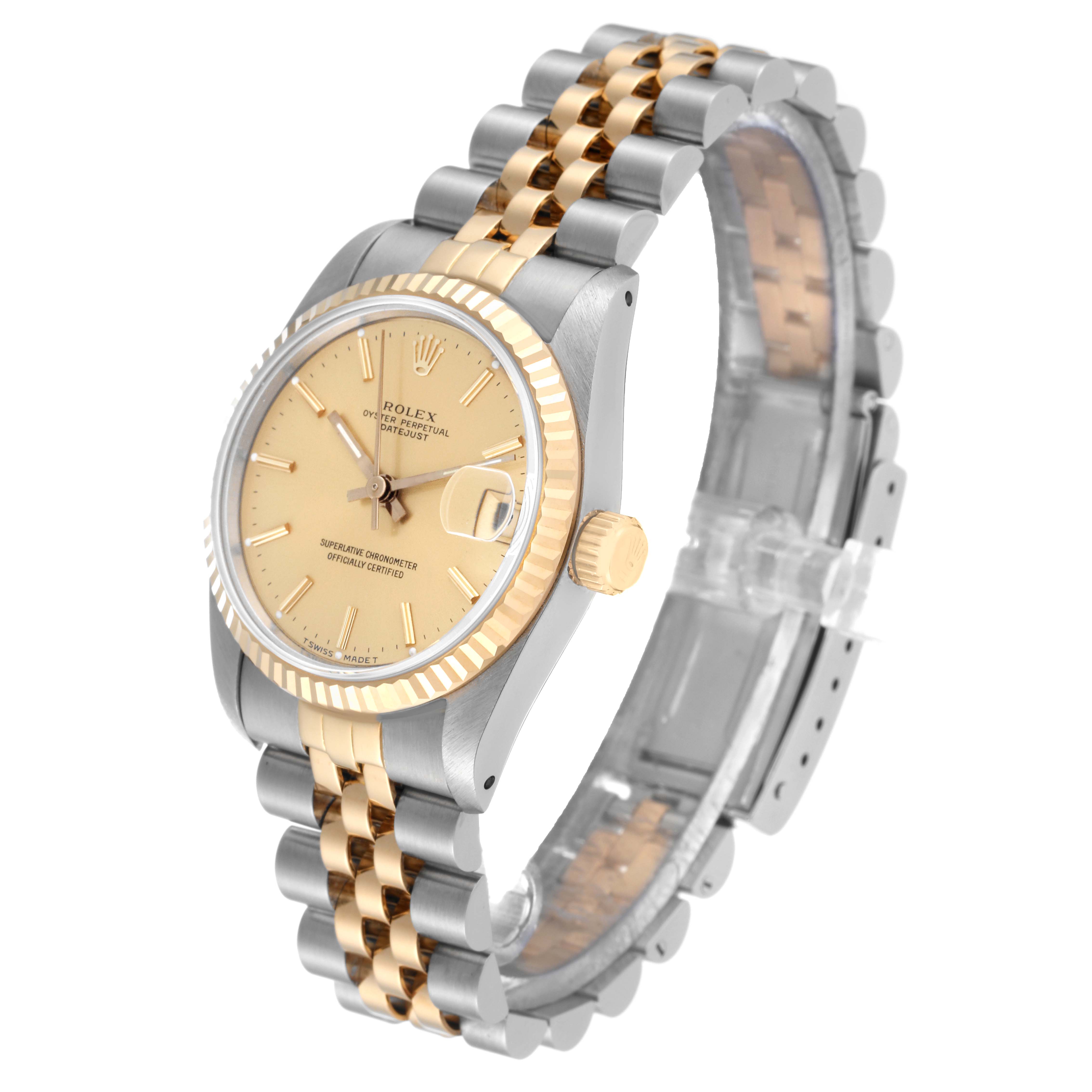 The Rolex Mid-Size 68273 Women's Steel and Gold (two tone) Champagne Dial 68273 Women's Steel and Gold (two tone) Champagne Dial watch is shown at a three-quarter angle, displaying its face, bezel, crown, and two-tone bracelet.