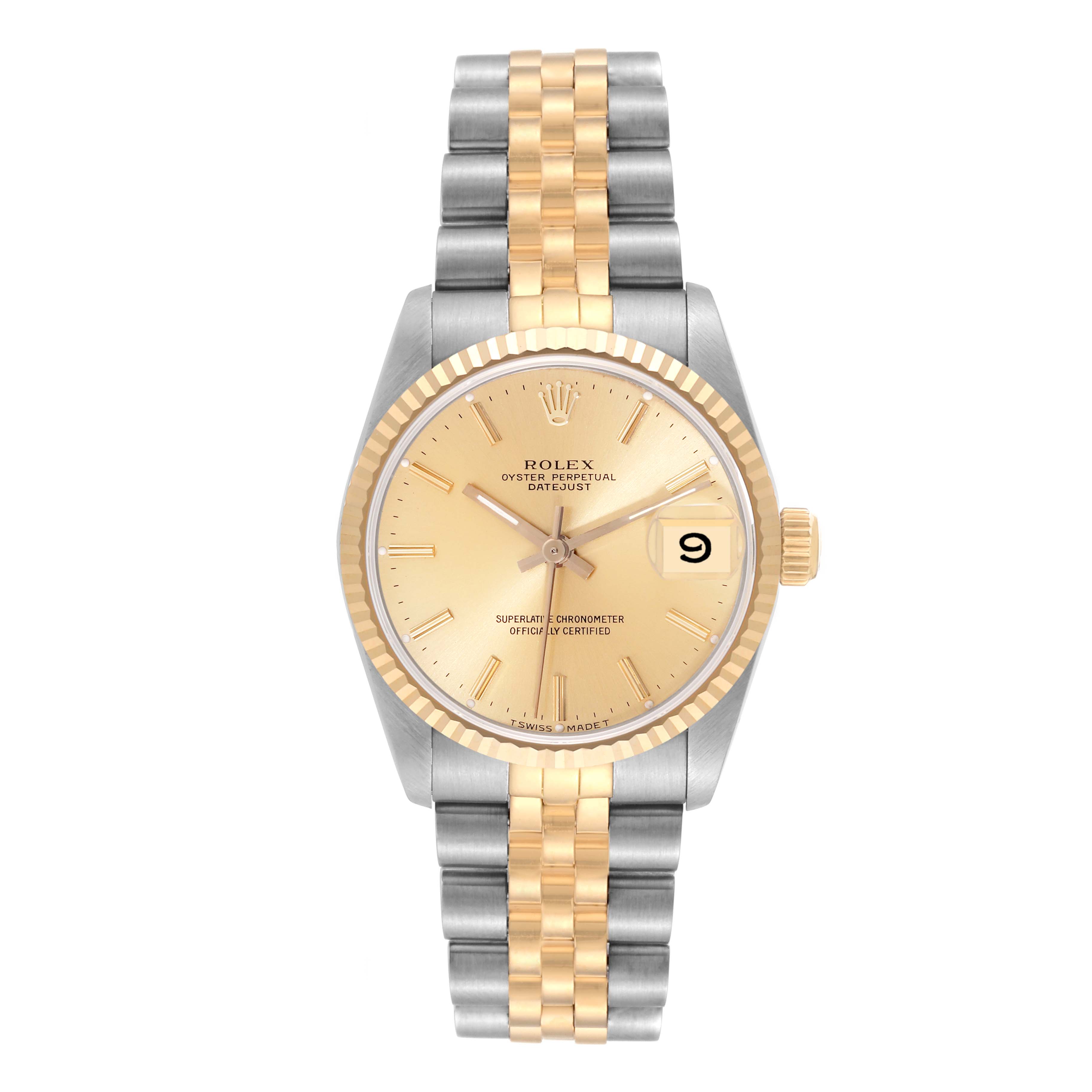 This image shows a frontal view of a Rolex Mid-Size 68273 Women's Steel and Gold (two tone) Champagne Dial 68273 Women's Steel and Gold (two tone) Champagne Dial Oyster Perpetual Datejust, displaying the face, bezel, and bracelet.