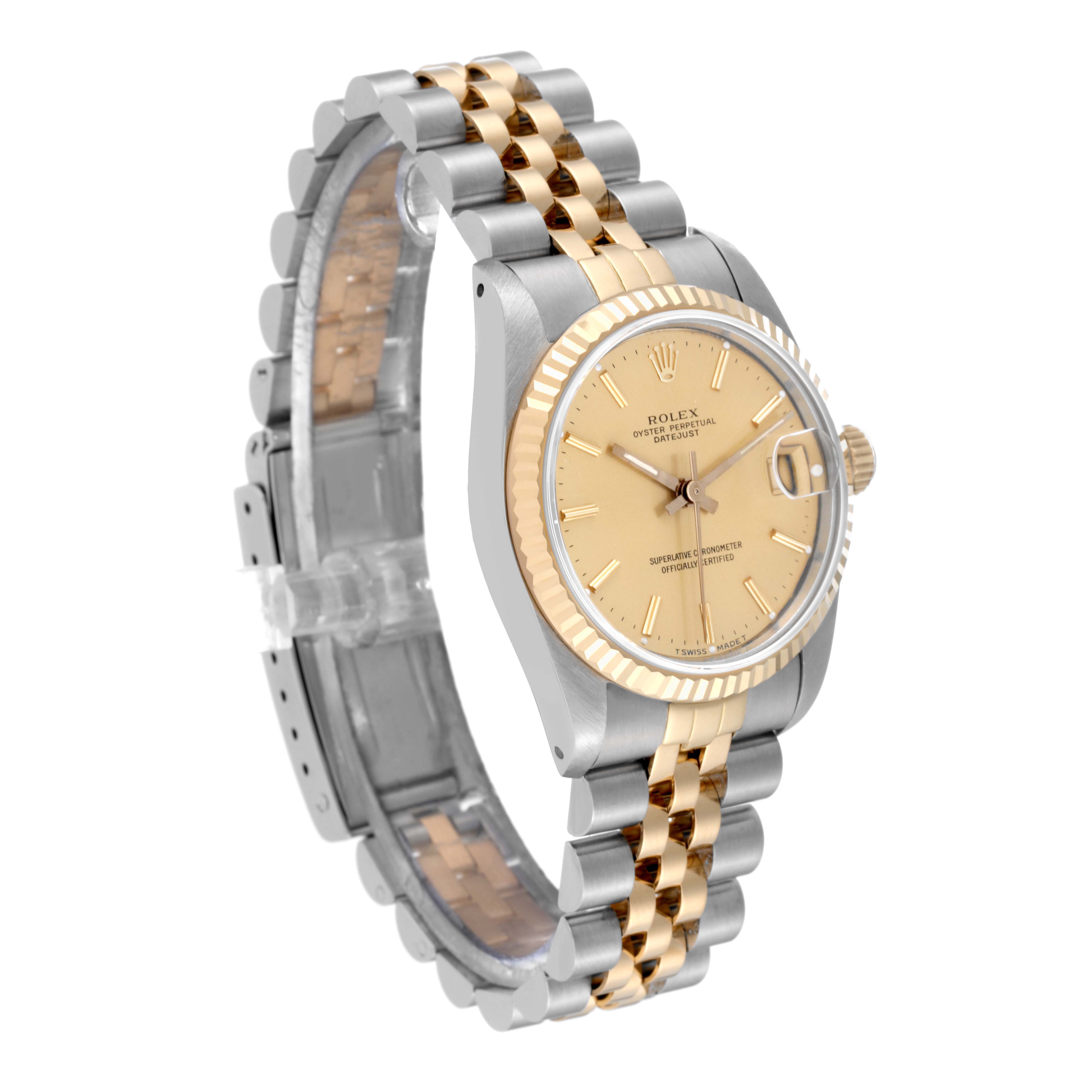 This image shows a side angle of a Rolex Mid-Size 68273 Women's Steel and Gold (two tone) Champagne Dial 68273 Women's Steel and Gold (two tone) Champagne Dial model watch, highlighting its two-tone bracelet, bezel, and dial.