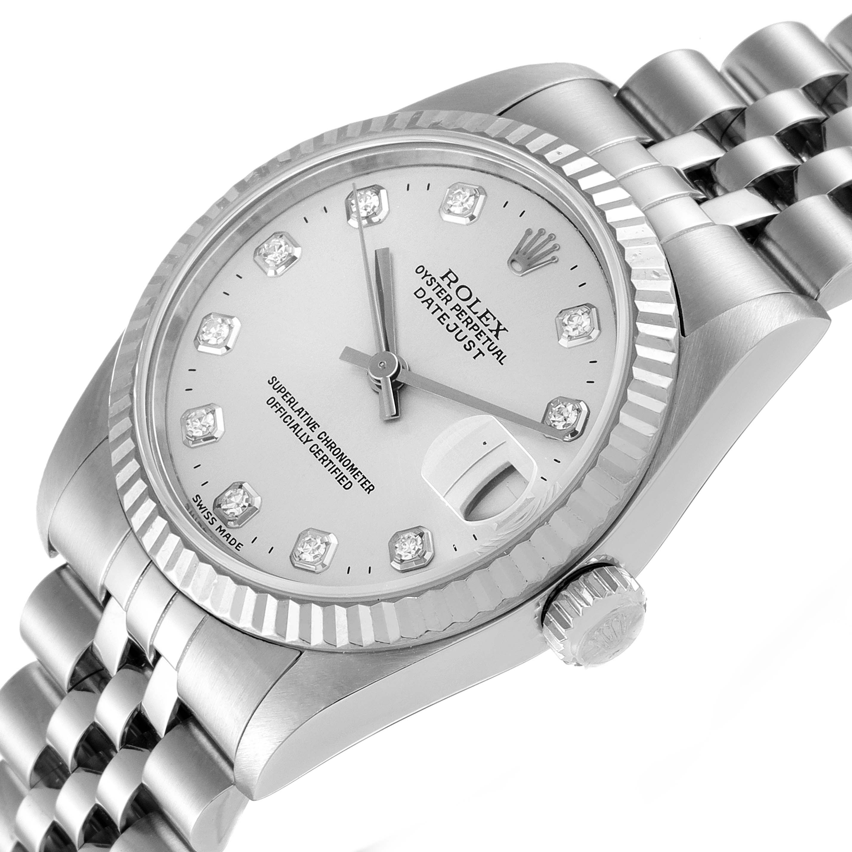 The image shows a close-up angle of the Rolex Mid-Size 68274 Women
s Stainless Steel Silver Dial 68274 Women
s Stainless Steel Silver Dial DateJust watch, highlighting the dial, markers, crown, and band.