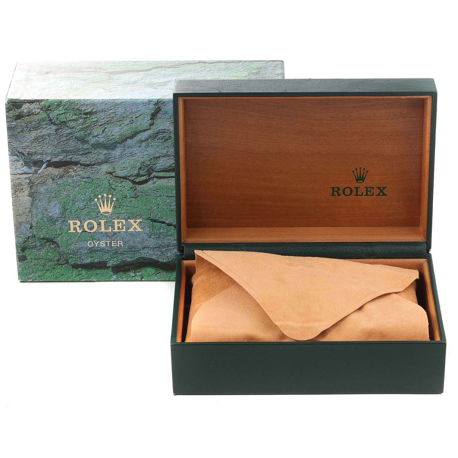 The image shows the packaging box and inner wooden case with a suede pouch for a Mid-Size Rolex watch.