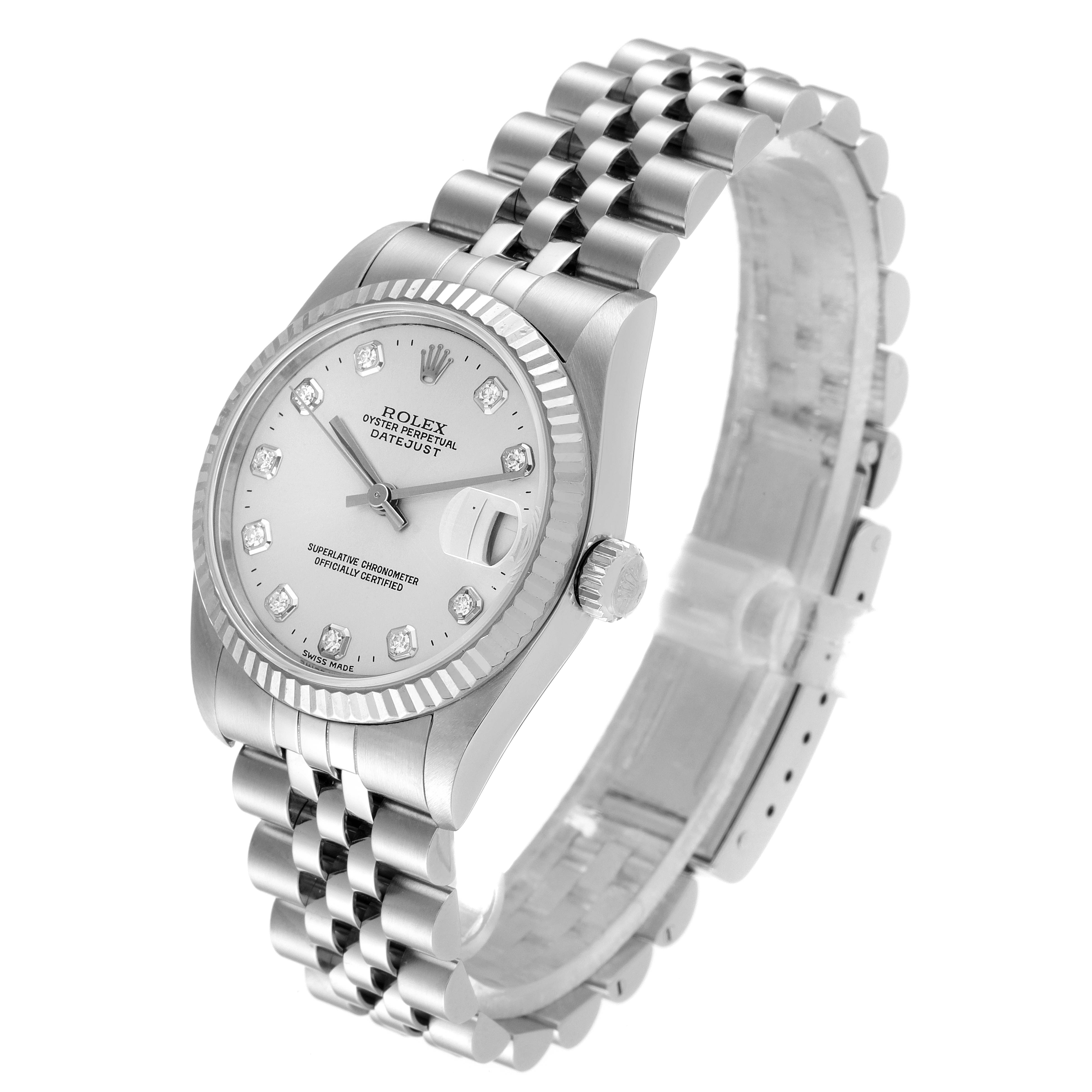 The image shows a three-quarter top view of a Rolex Mid-Size 68274 Women
s Stainless Steel Silver Dial 68274 Women
s Stainless Steel Silver Dial Oyster Perpetual Datejust watch, displaying the dial and bracelet.