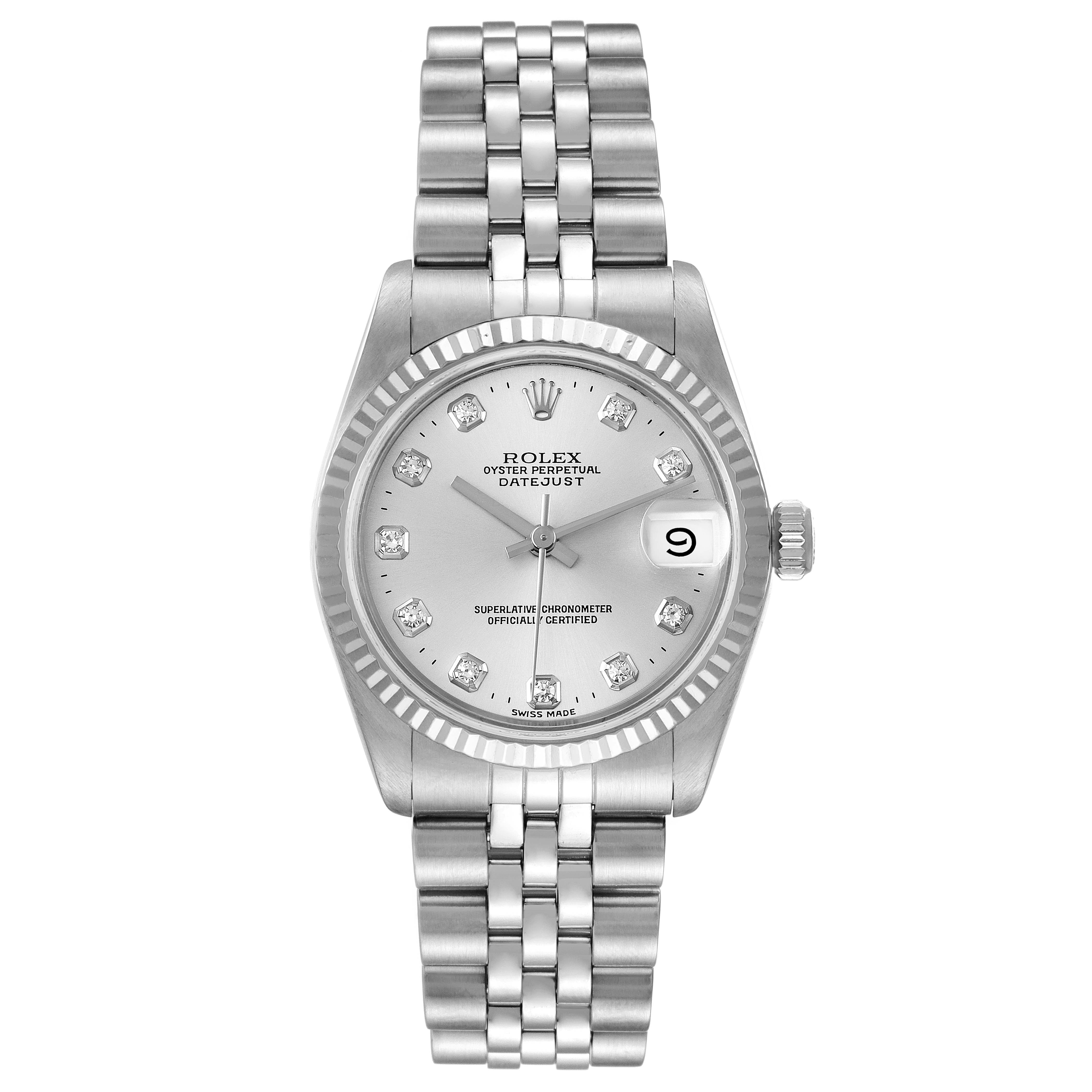 The image shows a front view of a Mid-Size Rolex Oyster Perpetual Datejust watch with a silver dial and a jubilee bracelet.