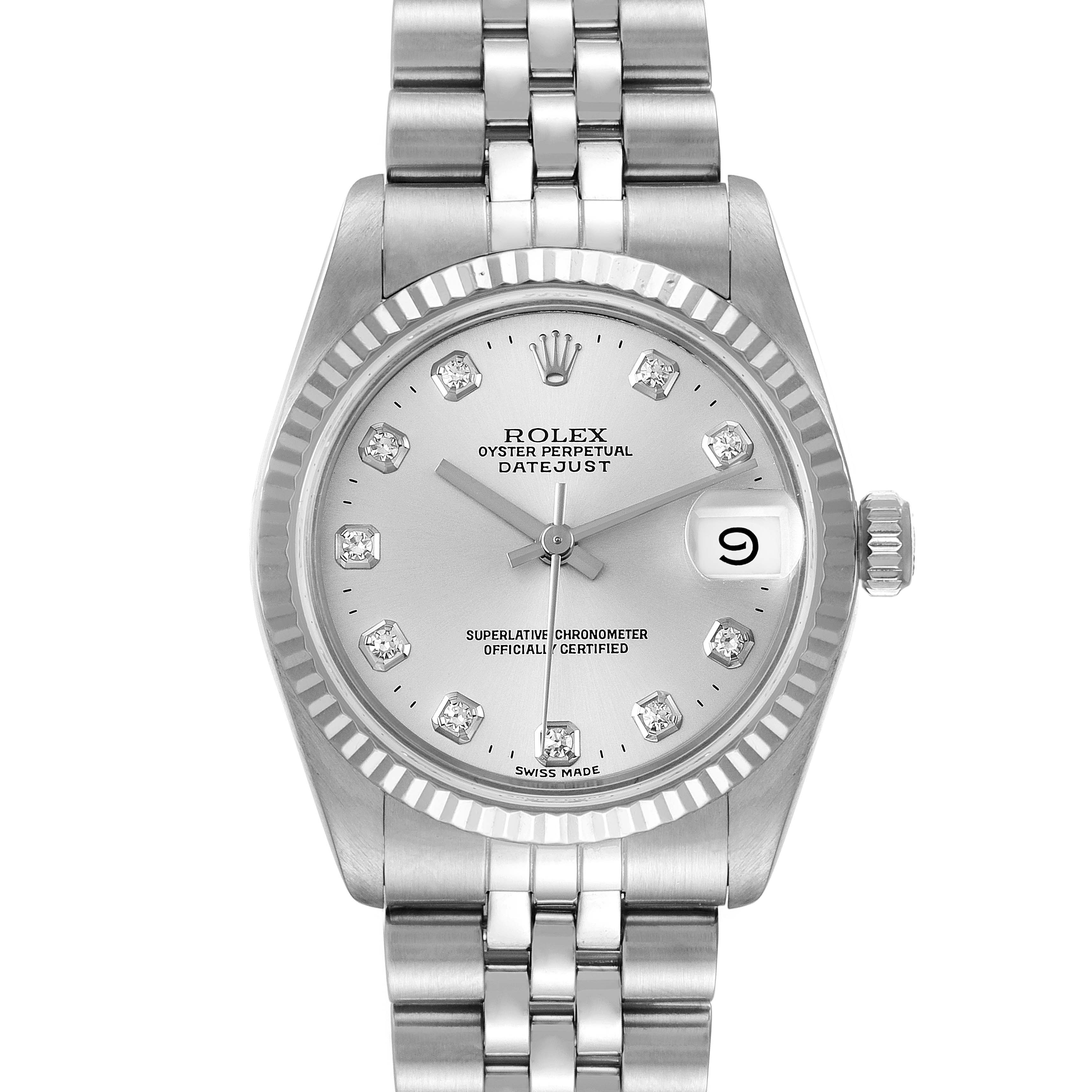 This image shows a front view of the Rolex Mid-Size 68274 Women
s Stainless Steel Silver Dial 68274 Women
s Stainless Steel Silver Dial Datejust watch, featuring its dial, bezel, and bracelet.