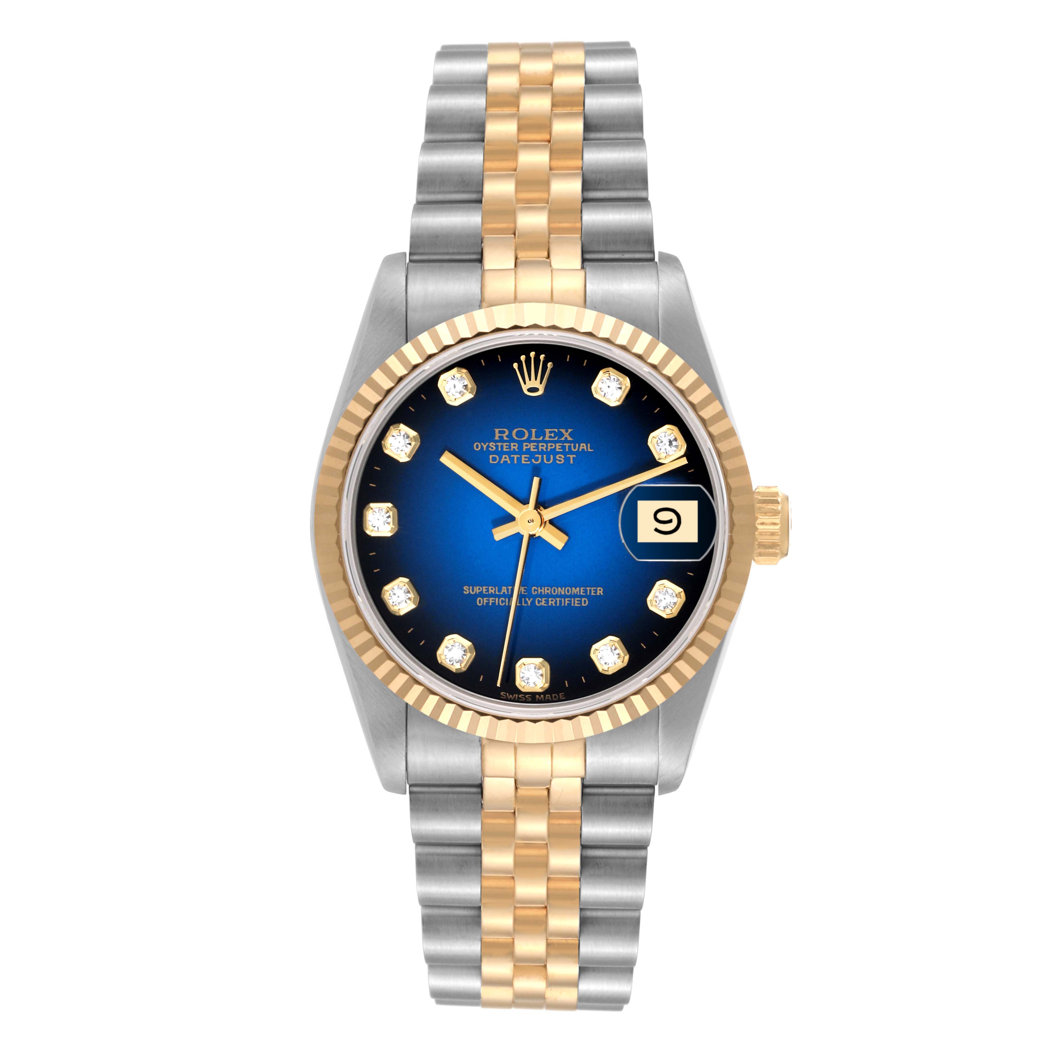The image shows a front view of a Rolex Mid-Size 68273G Women's Steel and Gold (two tone) Blue Dial 68273G Women's Steel and Gold (two tone) Blue Dial Oyster Perpetual Datejust watch with a blue dial, diamond hour markers, and a two-tone bracelet.