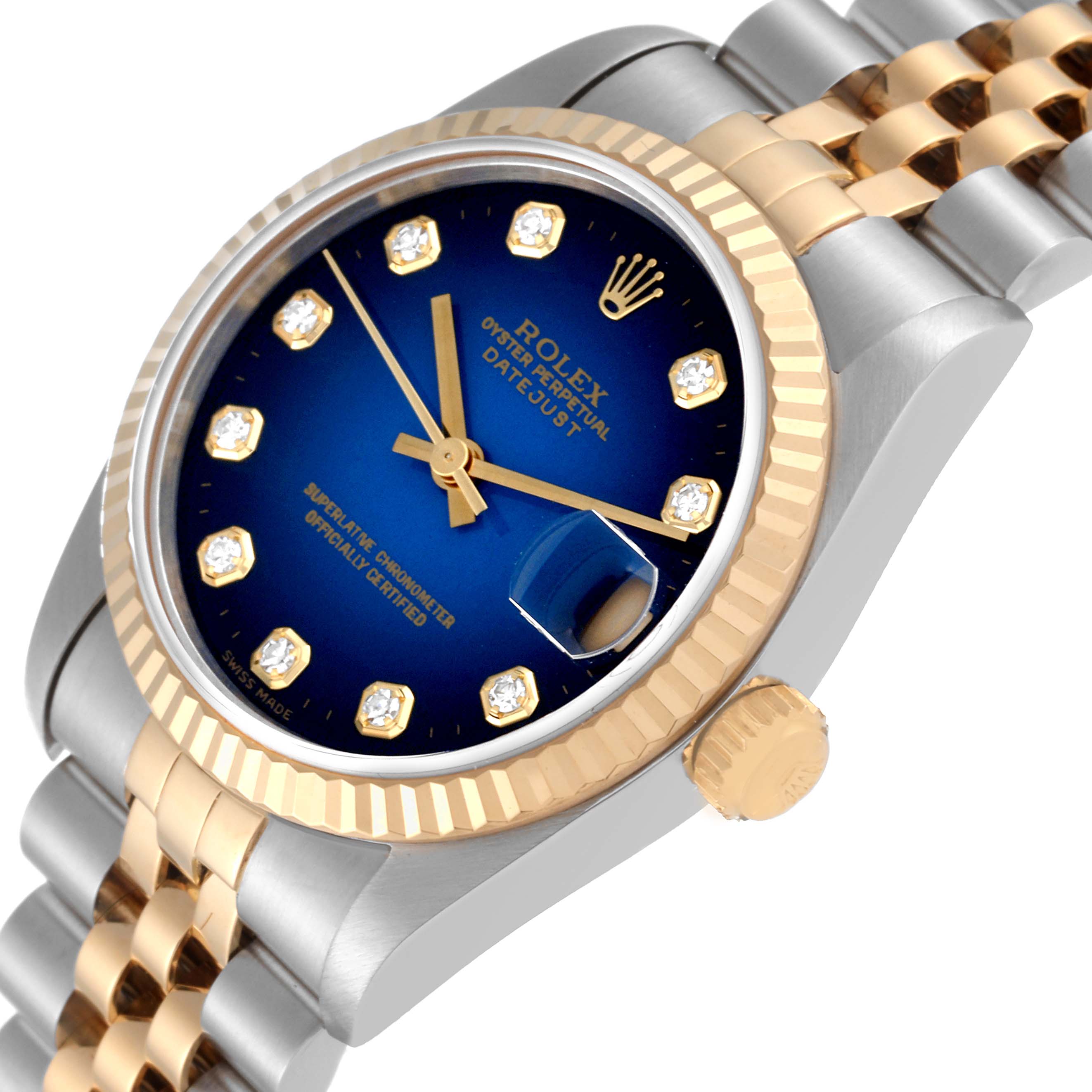 The image shows a close-up, angled view of the Rolex Mid-Size 68273G Women's Steel and Gold (two tone) Blue Dial 68273G Women's Steel and Gold (two tone) Blue Dial watch face, bezel, crown, and part of the bracelet.