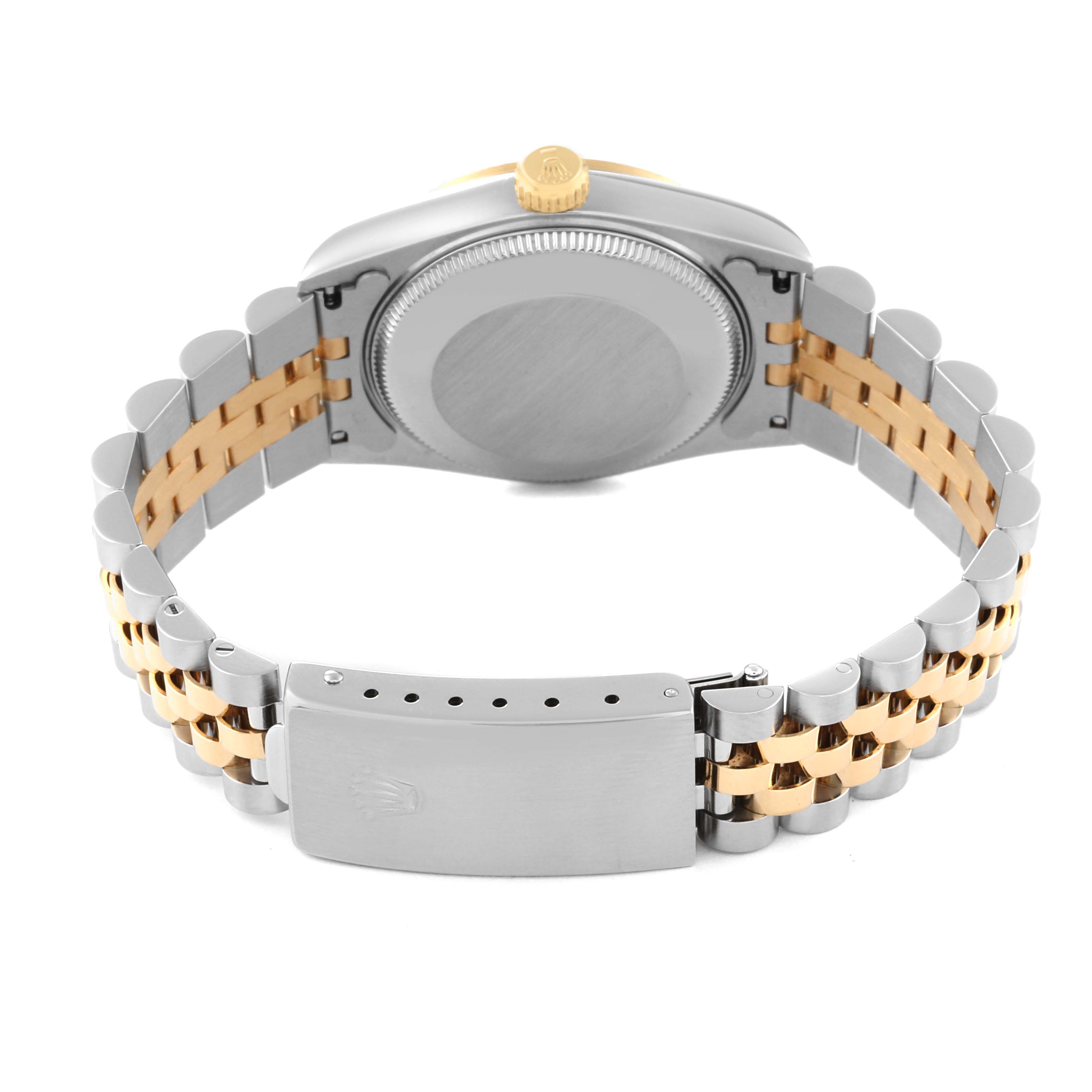 This image shows the back view of a Rolex Mid-Size 68273G Women's Steel and Gold (two tone) Blue Dial 68273G Women's Steel and Gold (two tone) Blue Dial model watch, highlighting the case back, bracelet, and clasp.