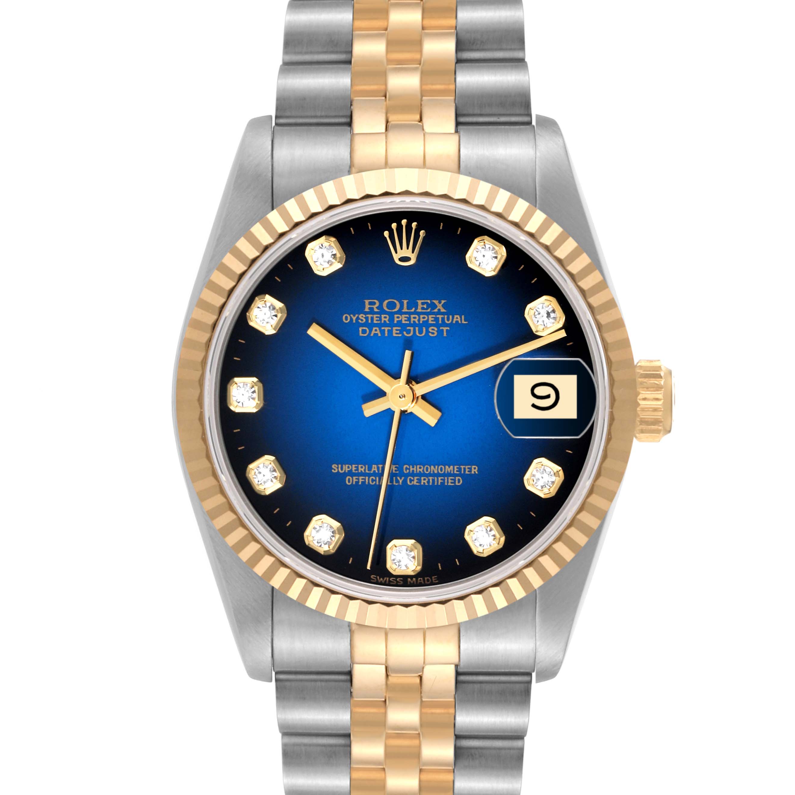 This image shows a frontal view of the Rolex Mid-Size 68273G Women's Steel and Gold (two tone) Blue Dial 68273G Women's Steel and Gold (two tone) Blue Dial Datejust watch, showcasing its dial, bezel, bracelet, and crown.