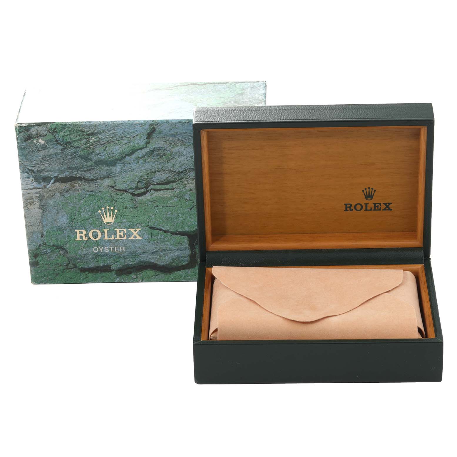 The image shows the packaging and box for a Rolex Mid-Size 68273G Women's Steel and Gold (two tone) Blue Dial 68273G Women's Steel and Gold (two tone) Blue Dial watch, including the outer green box and the inner wooden box with a protective pouch.