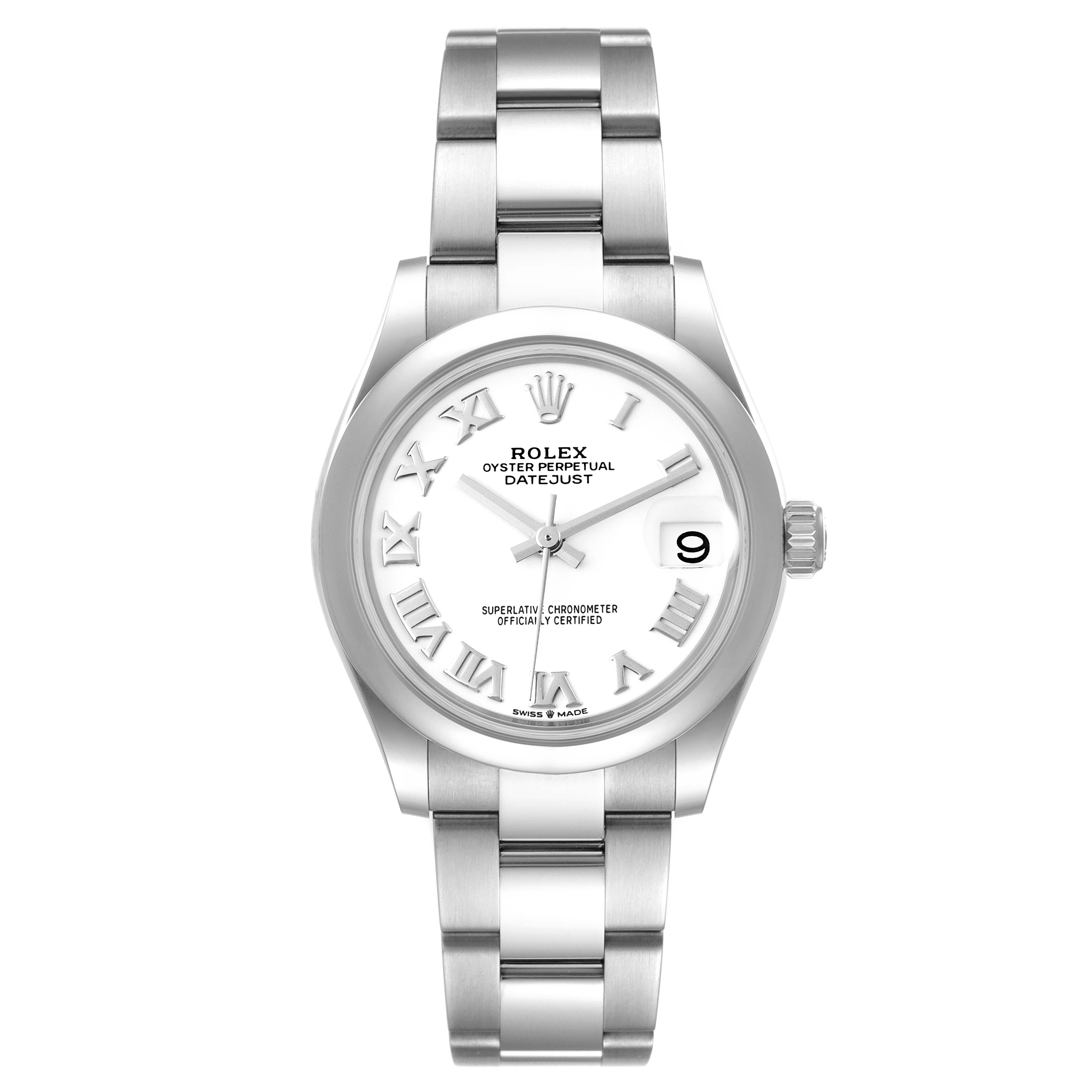 This image shows a Rolex Oyster Perpetual Datejust Mid-Size watch from a top-down view, displaying its face, bezel, bracelet, and clasp.