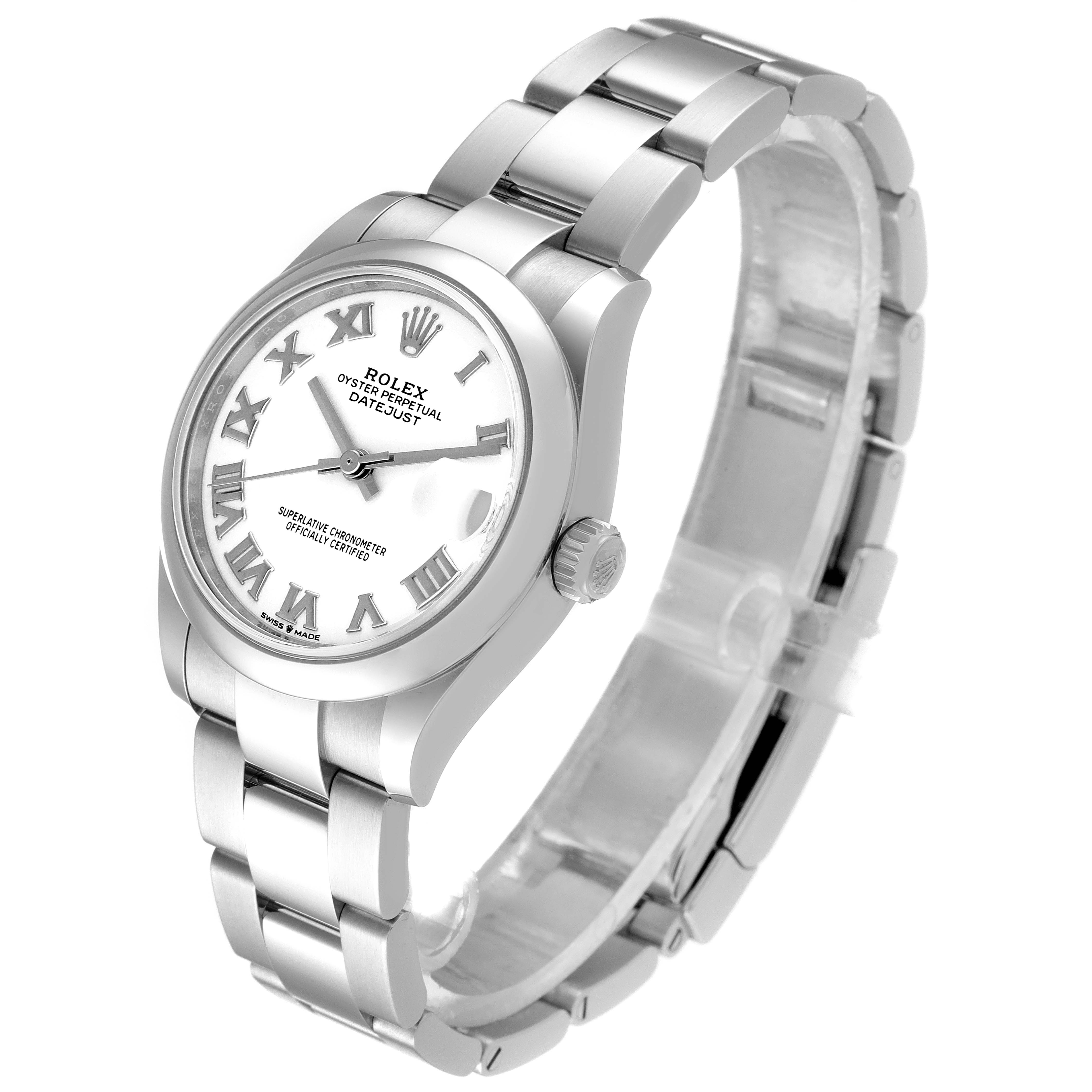 This image shows a Rolex Datejust Mid-Size watch from a three-quarter angle, highlighting the face, bracelet, and crown.