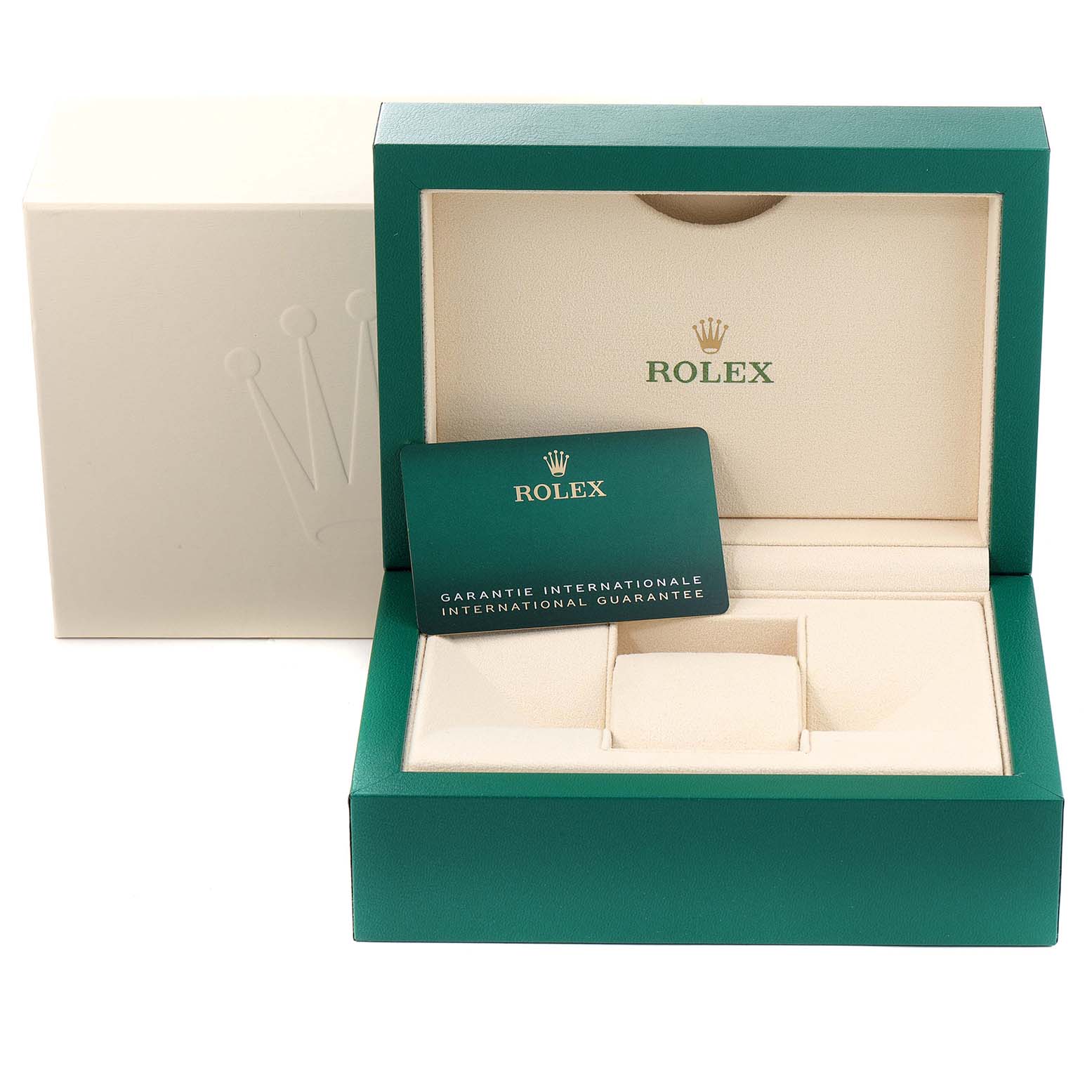 The image shows the Rolex Mid-Size 278240 Women's Stainless Steel White Dial 278240 Women's Stainless Steel White Dial watch box, open, with international guarantee card in the center.