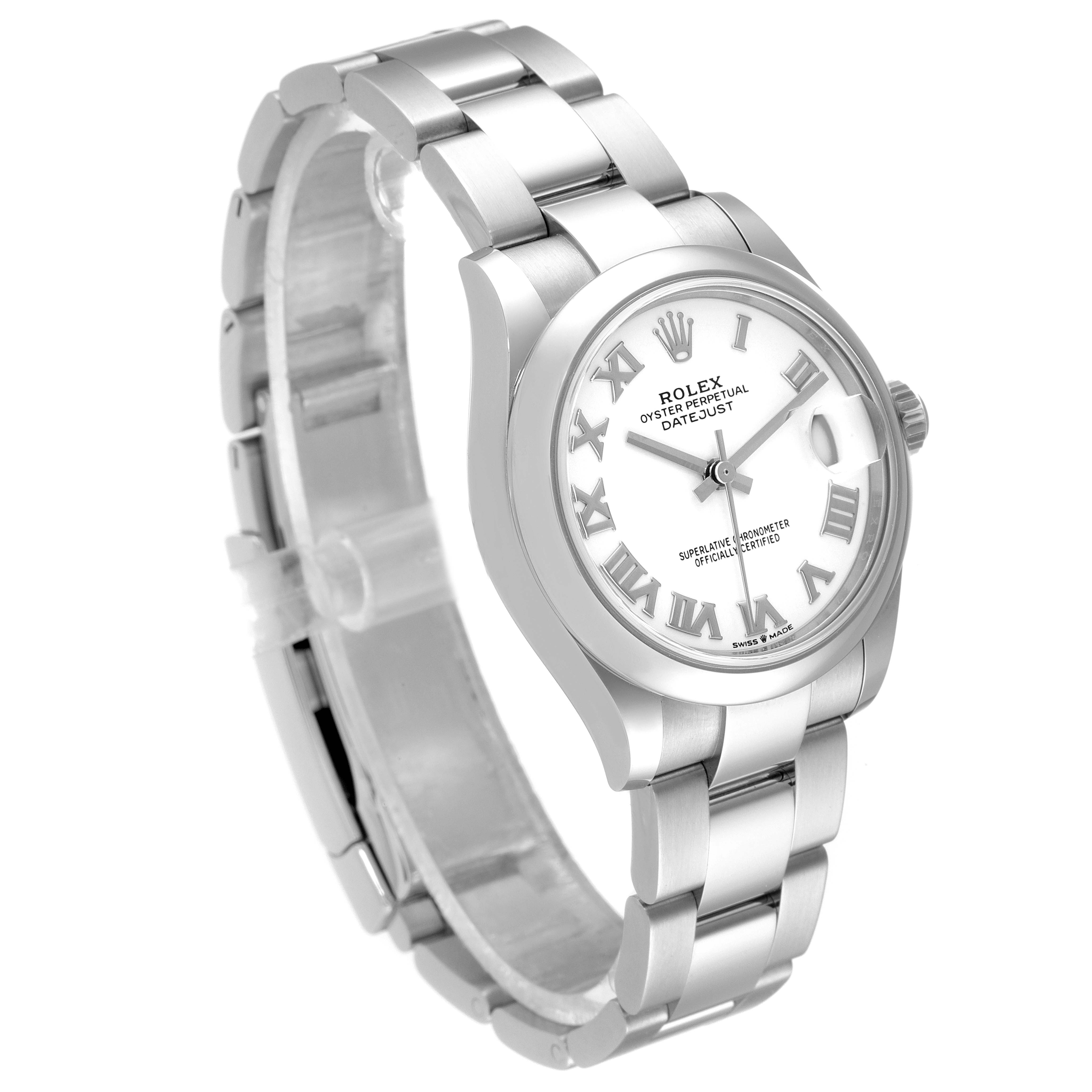 The image shows the Rolex Mid-Size 278240 Women's Stainless Steel White Dial 278240 Women's Stainless Steel White Dial Datejust model from a front-left angle, including the dial, bracelet, and crown.