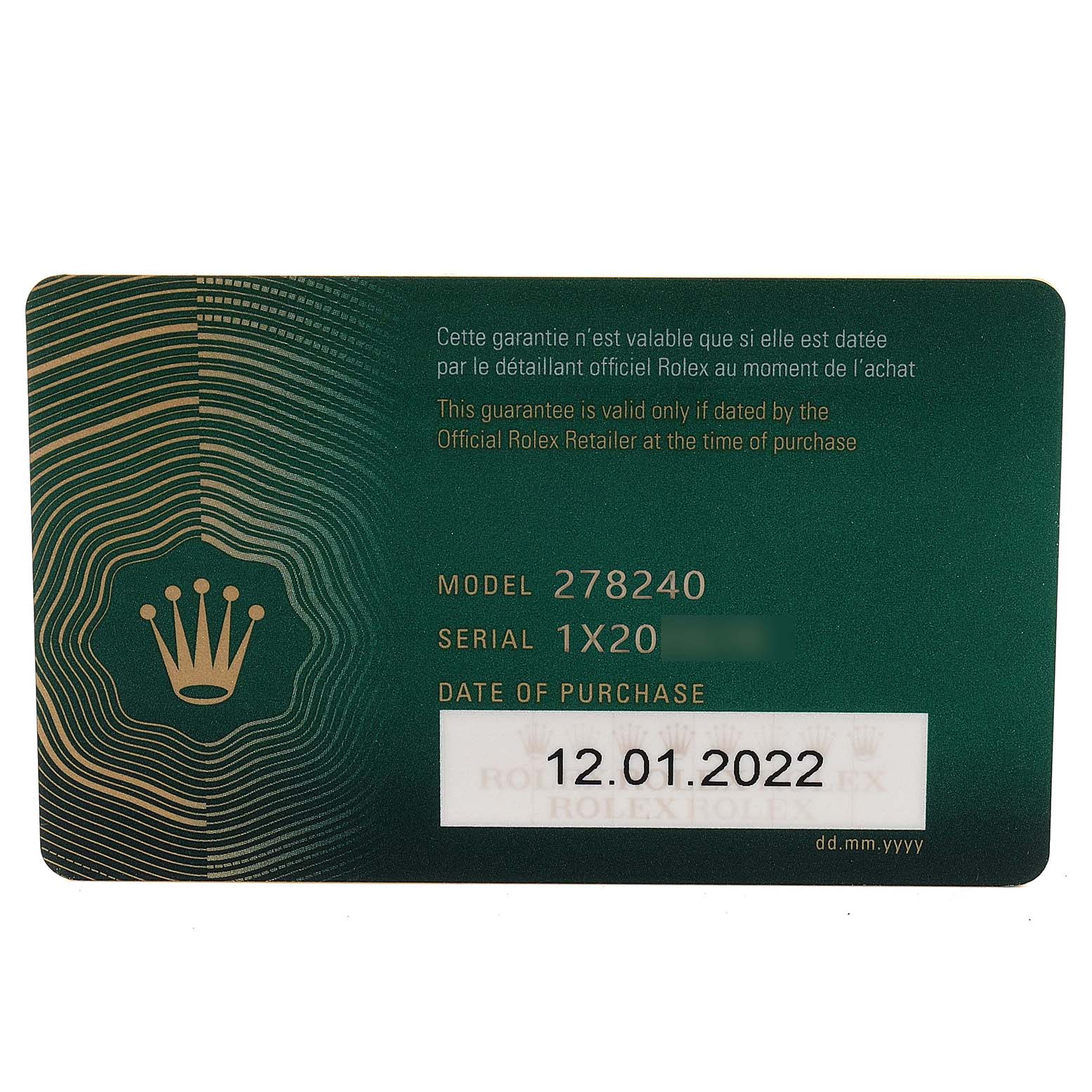 The image shows a warranty card for the Mid-Size Rolex model 278240, including the serial number and date of purchase.