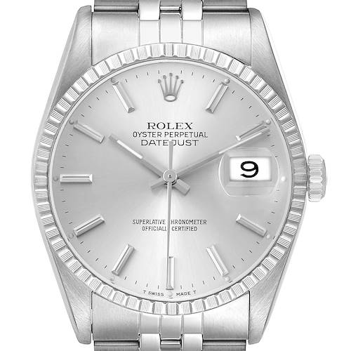 Photo of Rolex Datejust Silver Dial Engine Turned Bezel Steel Mens Watch 16220