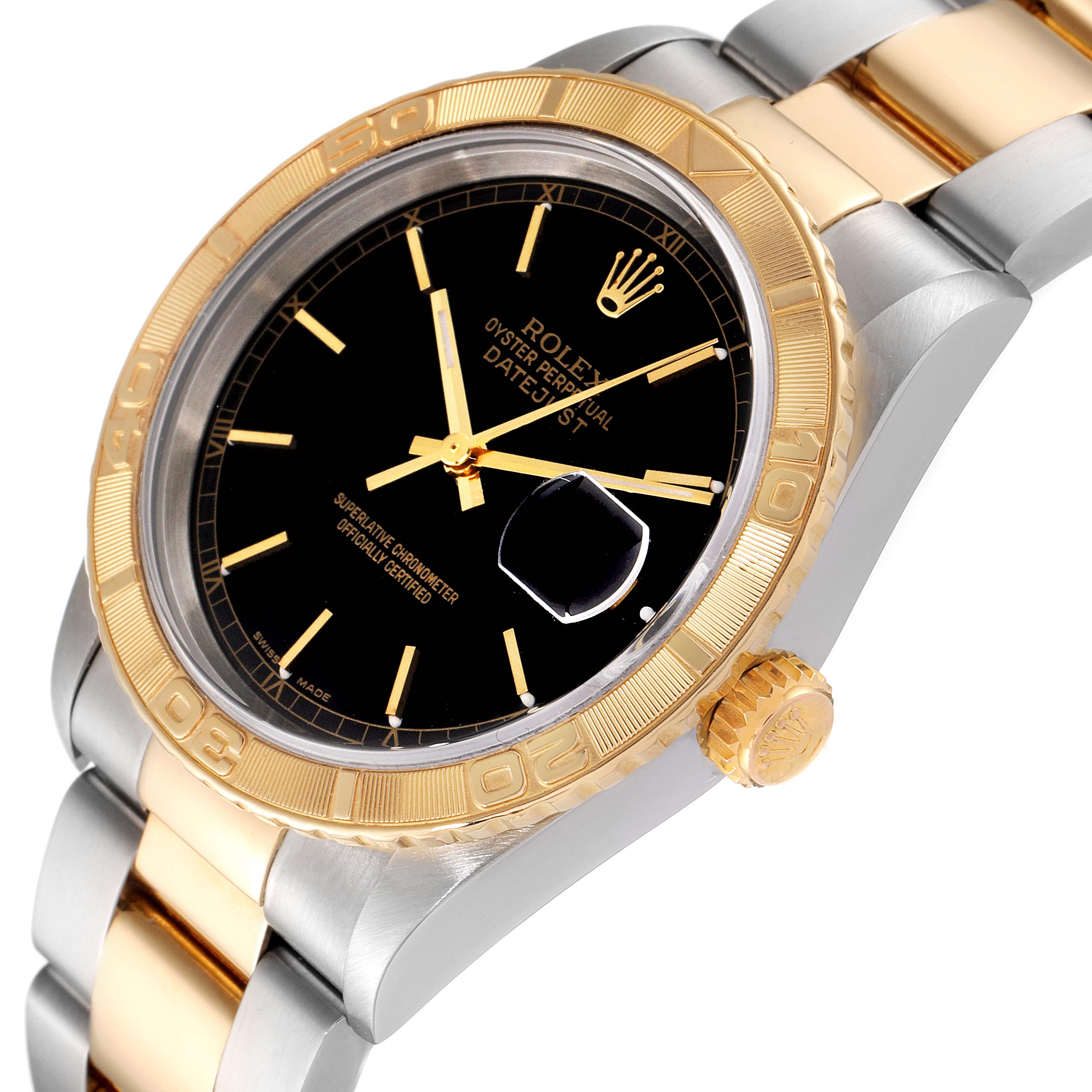 This image shows a close-up of the face, bezel, and bracelet of a Rolex Turn-o-Graph 16263 Men
s Stainless Steel Black Dial 16263 Men
s Stainless Steel Black Dial watch at an angle.