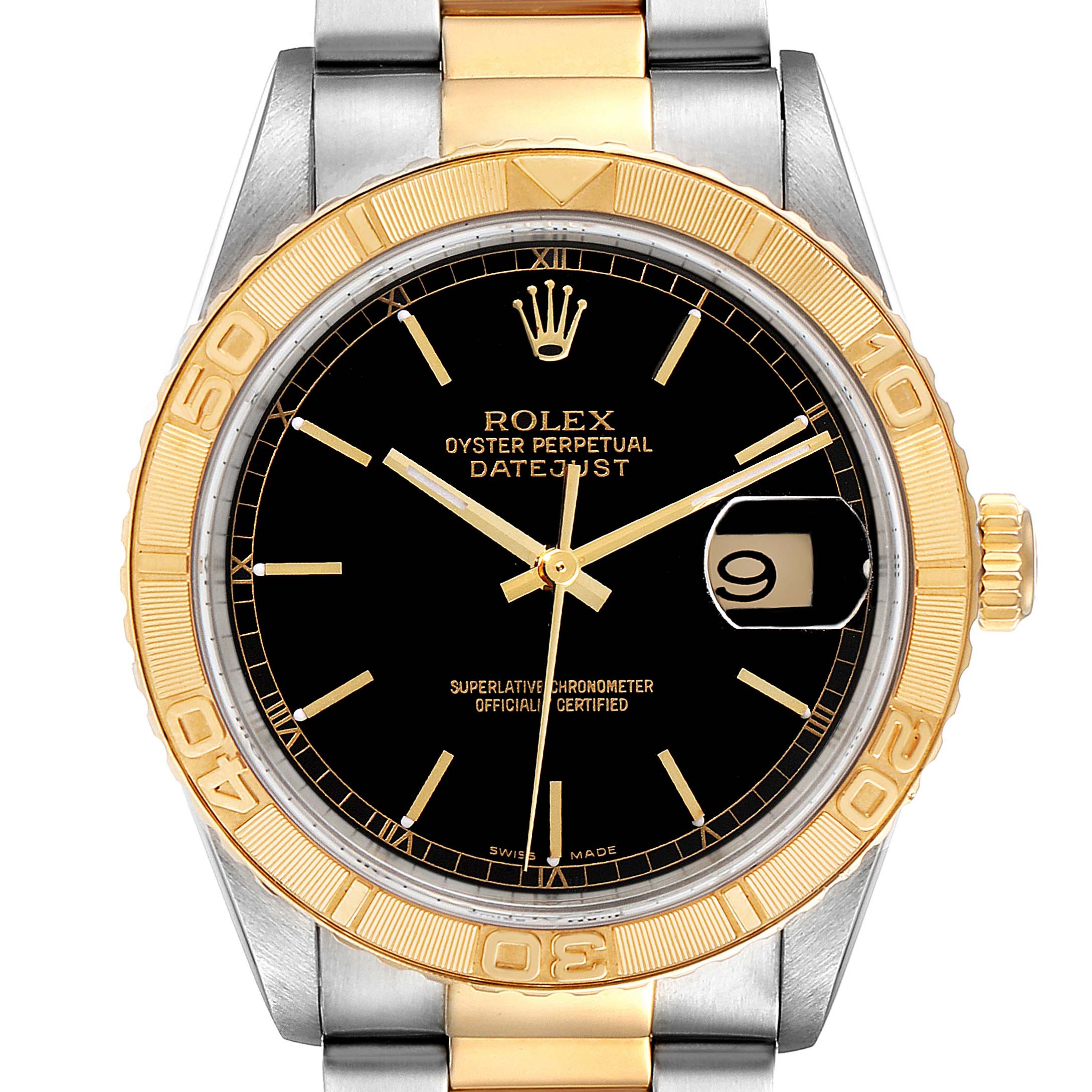 The image shows a front view of a Rolex Turn-o-Graph 16263 Men
s Stainless Steel Black Dial 16263 Men
s Stainless Steel Black Dial model, highlighting the black dial, gold bezel, and bicolor bracelet.