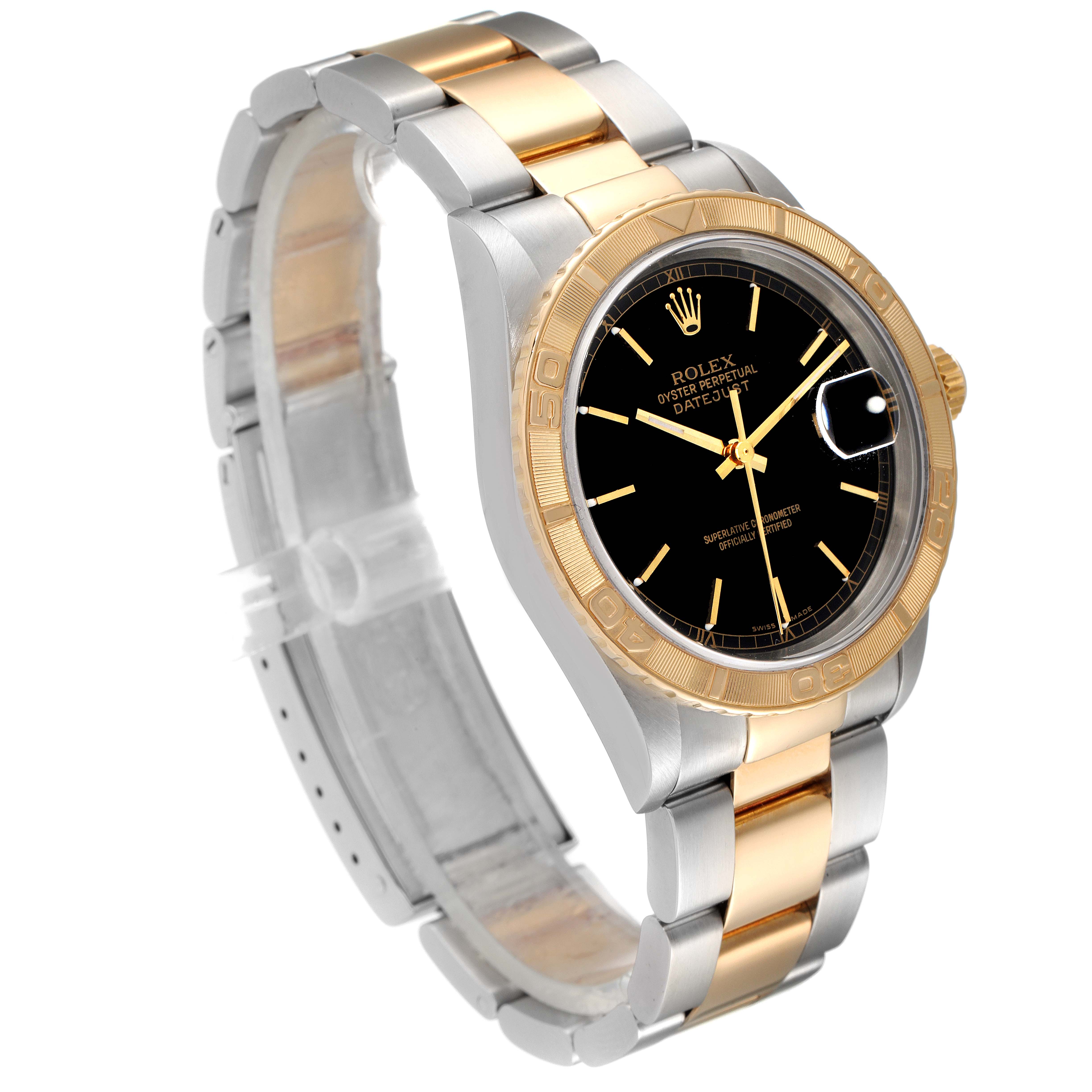This image shows a Rolex Turn-o-Graph 16263 Men
s Stainless Steel Black Dial 16263 Men
s Stainless Steel Black Dial watch from an oblique angle, highlighting the two-tone bracelet, black dial, and gold bezel.