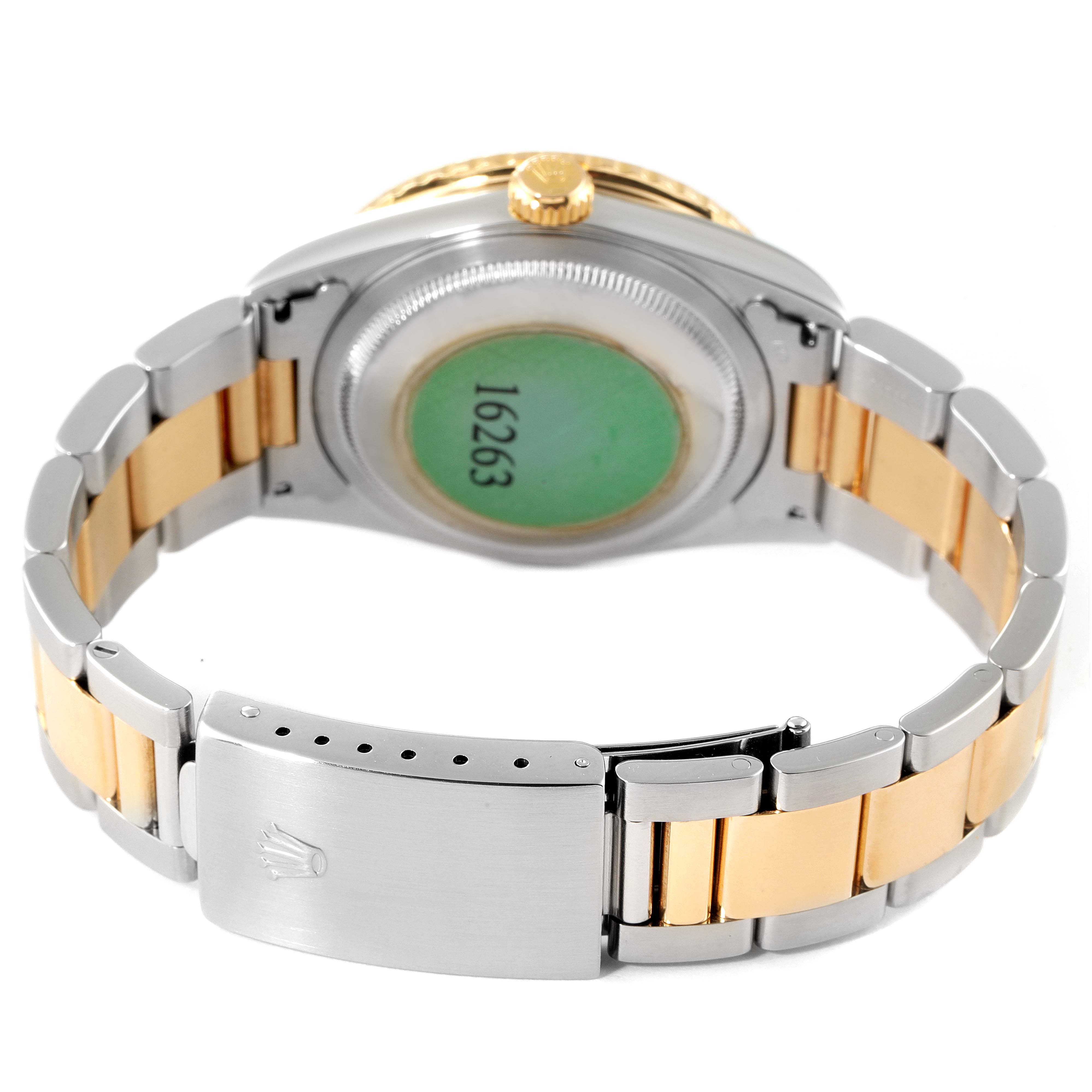 The image shows the back and bracelet of a Rolex Turn-o-Graph 16263 Men
s Stainless Steel Black Dial 16263 Men
s Stainless Steel Black Dial model, highlighting the clasp and case back.