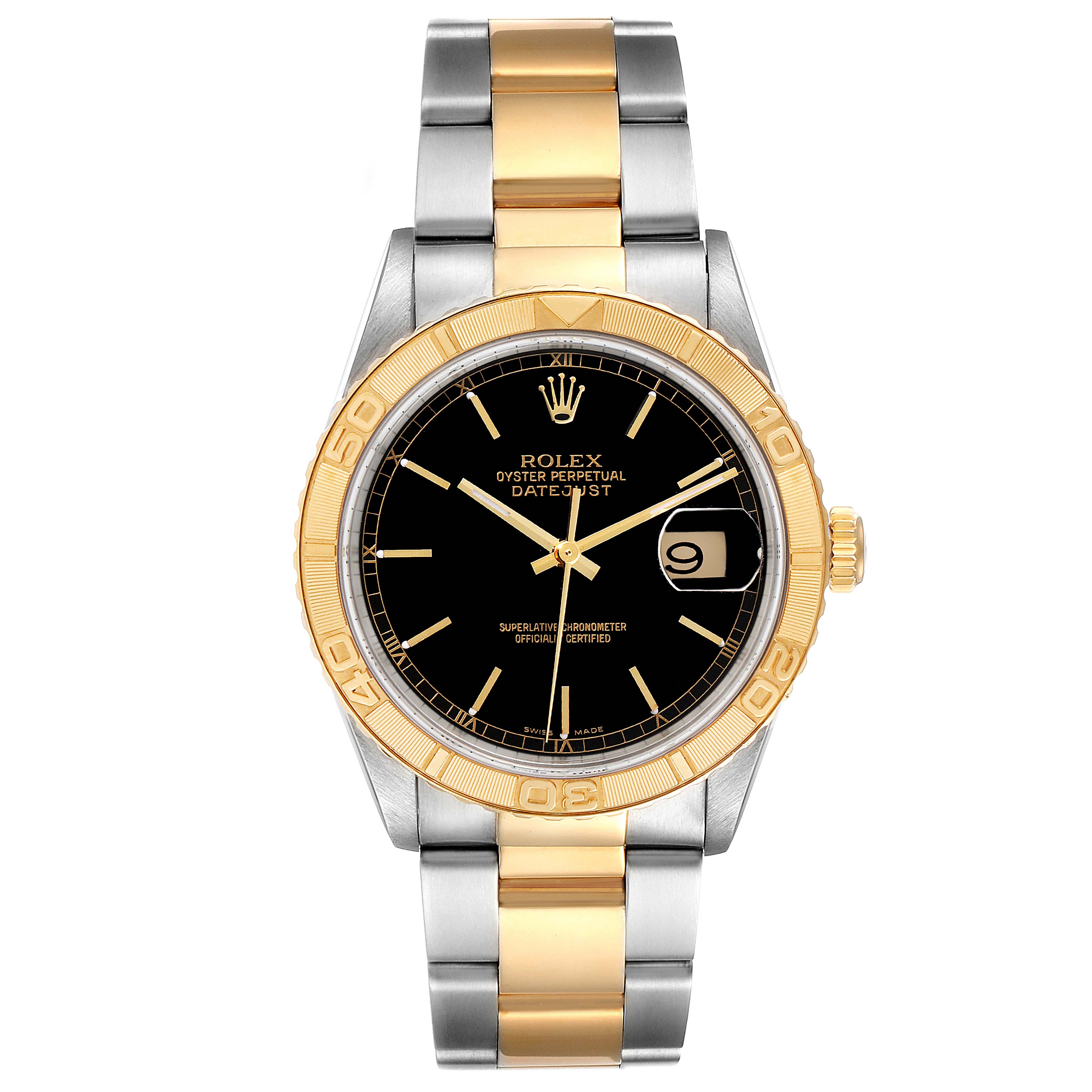 This is a straight-on view of a Rolex Turn-o-Graph 16263 Men
s Stainless Steel Black Dial 16263 Men
s Stainless Steel Black Dial watch showing the face, bezel, crown, and bracelet.
