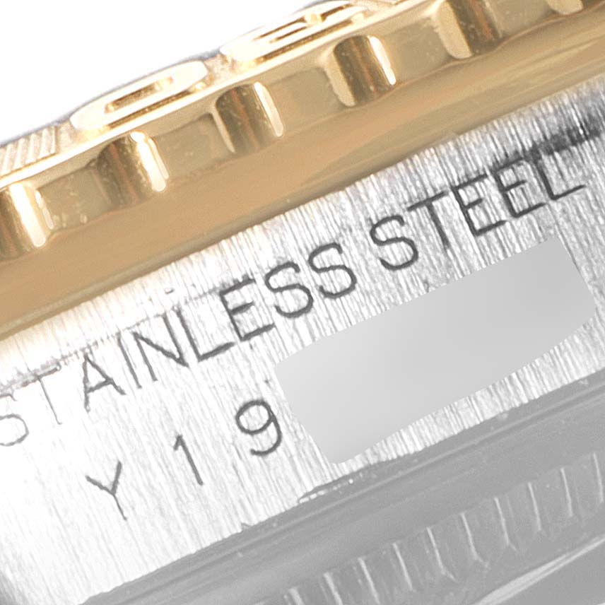 This image shows an angled close-up of the bezel and case side of a Rolex Turn-o-Graph 16263 Men
s Stainless Steel Black Dial 16263 Men
s Stainless Steel Black Dial watch, highlighting the text "STAINLESS STEEL."