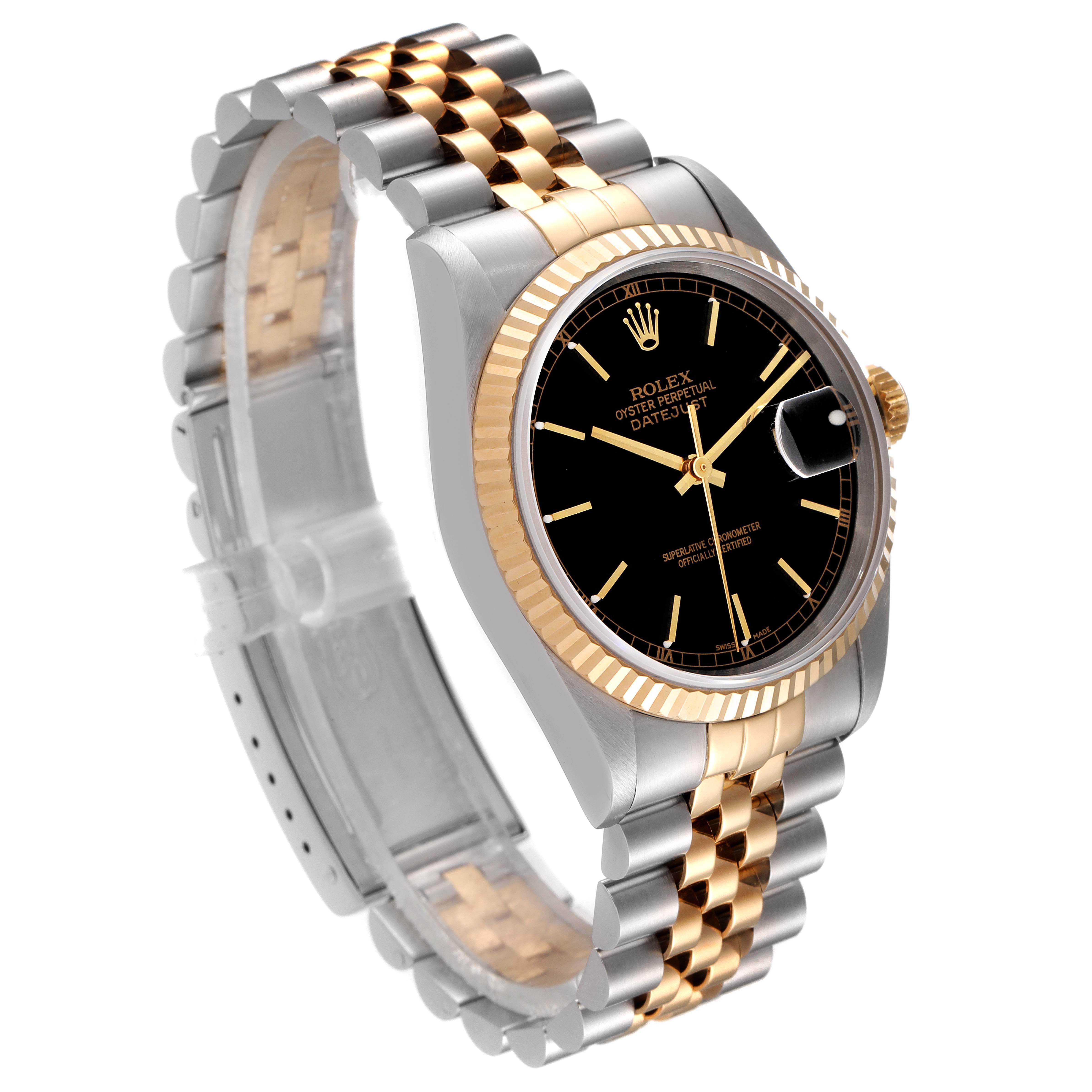 The Rolex Datejust 16233 Men's Steel and Gold (two tone) Black Dial 16233 Men's Steel and Gold (two tone) Black Dial watch is shown at a three-quarter angle, highlighting its dial, case, fluted bezel, and two-tone bracelet.