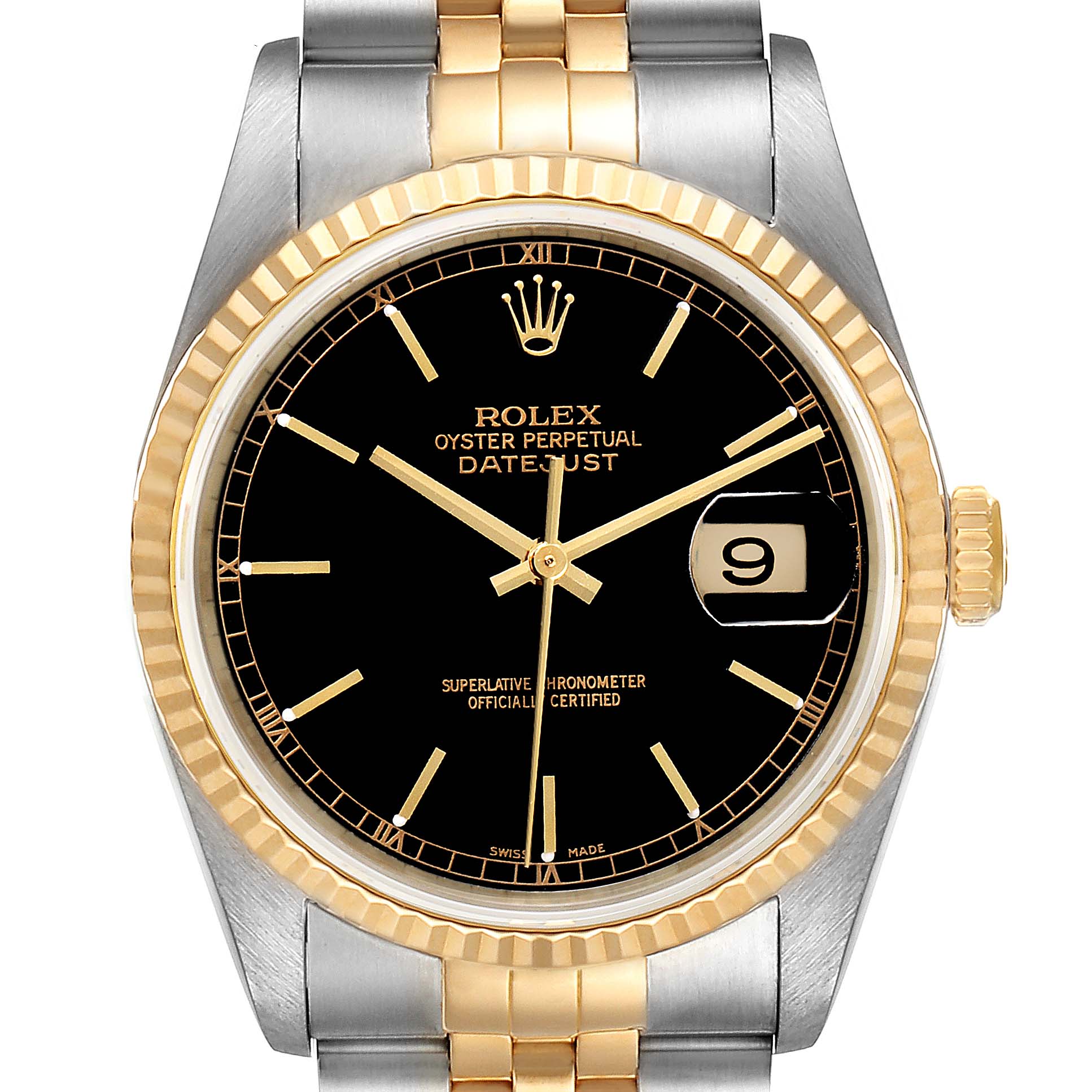 This image shows a front view of a Rolex Datejust 16233 Men's Steel and Gold (two tone) Black Dial 16233 Men's Steel and Gold (two tone) Black Dial watch, highlighting its black dial, gold fluted bezel, and two-tone bracelet.