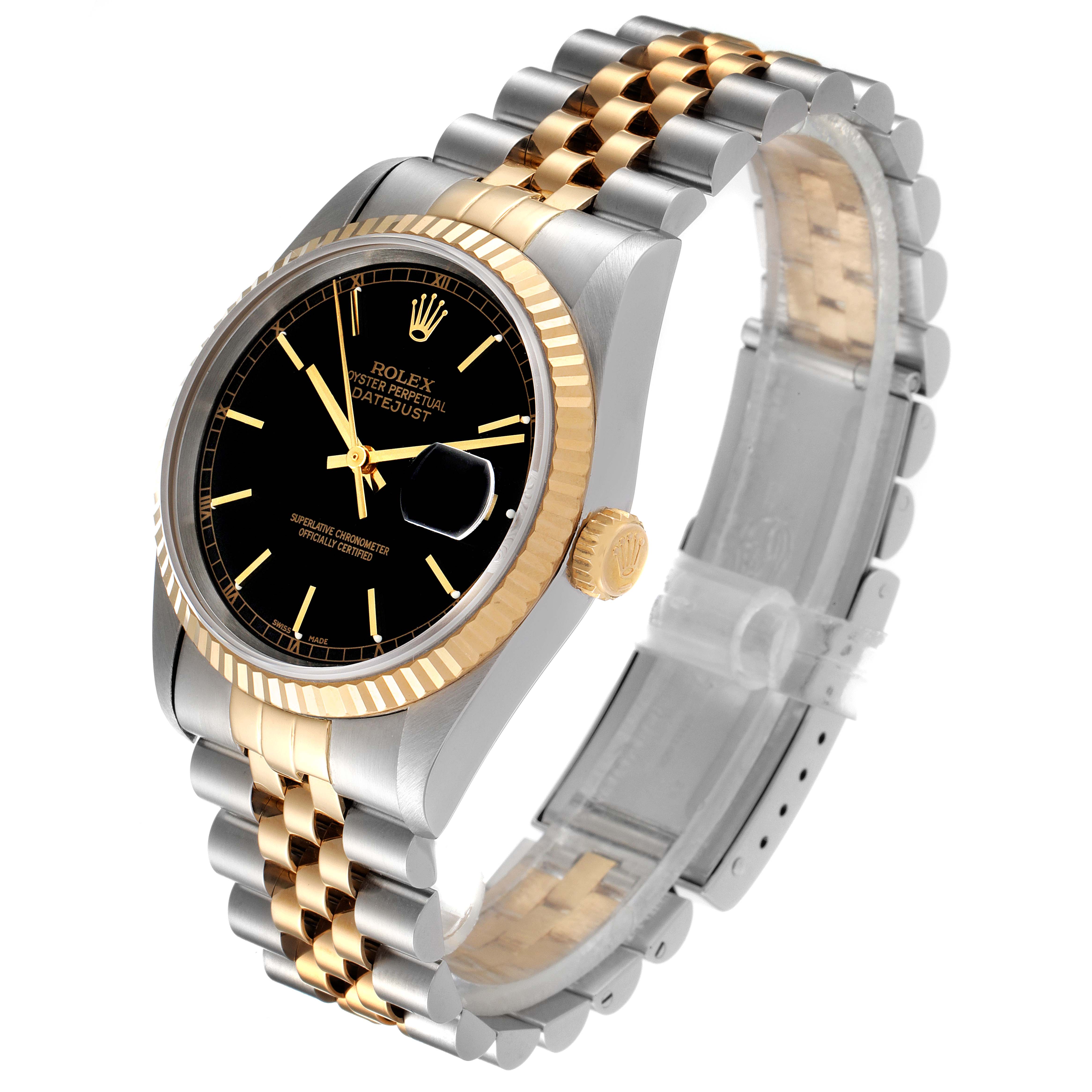 The image shows a Rolex Datejust 16233 Men's Steel and Gold (two tone) Black Dial 16233 Men's Steel and Gold (two tone) Black Dial watch at a three-quarter angle, highlighting its two-tone bracelet, black dial, and fluted bezel.