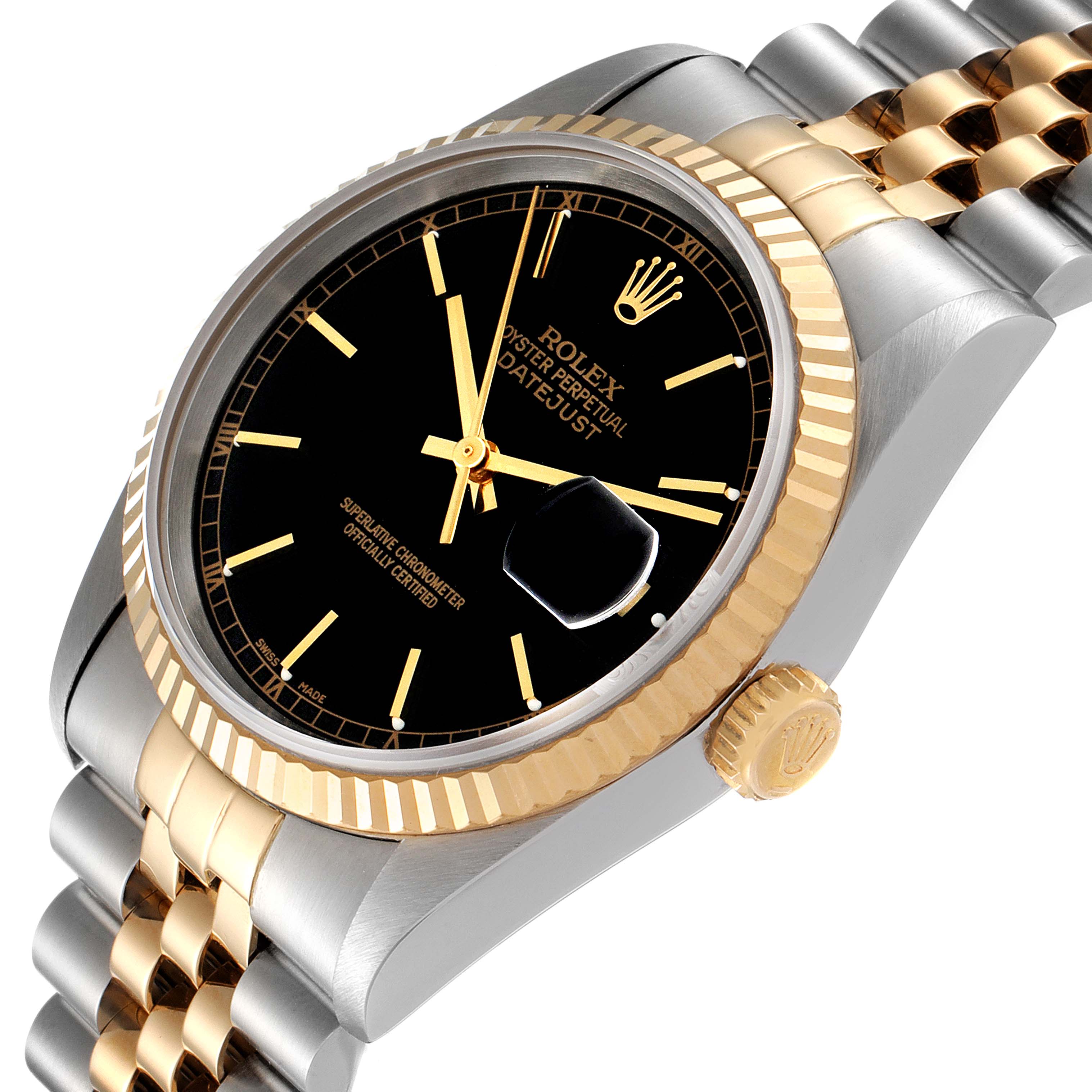 This Rolex Datejust 16233 Men's Steel and Gold (two tone) Black Dial 16233 Men's Steel and Gold (two tone) Black Dial watch is shown at an angle displaying its black dial, gold fluted bezel, and two-tone Jubilee bracelet.