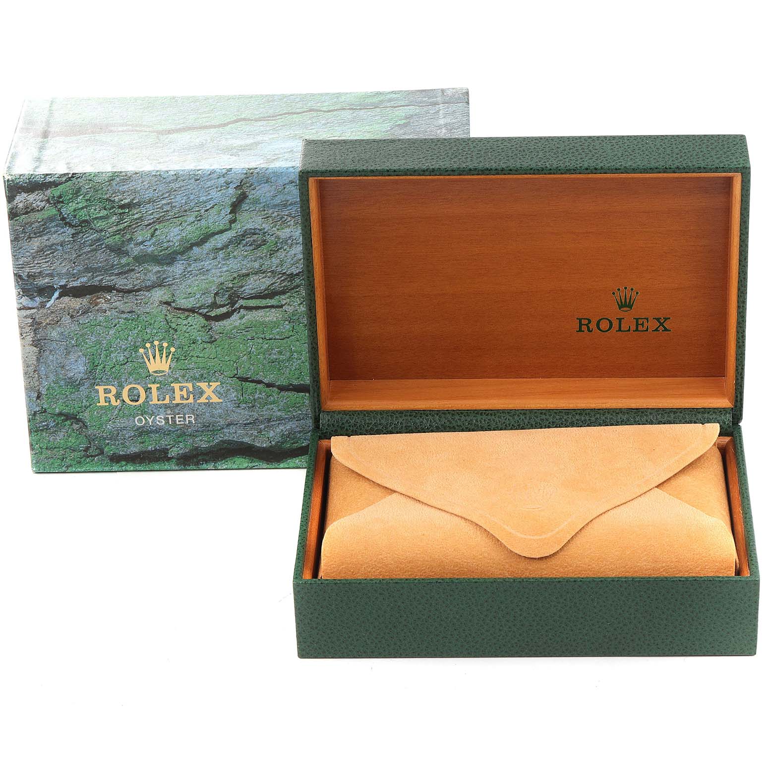 The image shows the packaging for a Rolex Datejust 16233 Men's Steel and Gold (two tone) Black Dial 16233 Men's Steel and Gold (two tone) Black Dial, including an exterior box, and an open inner box with an empty suede pouch.