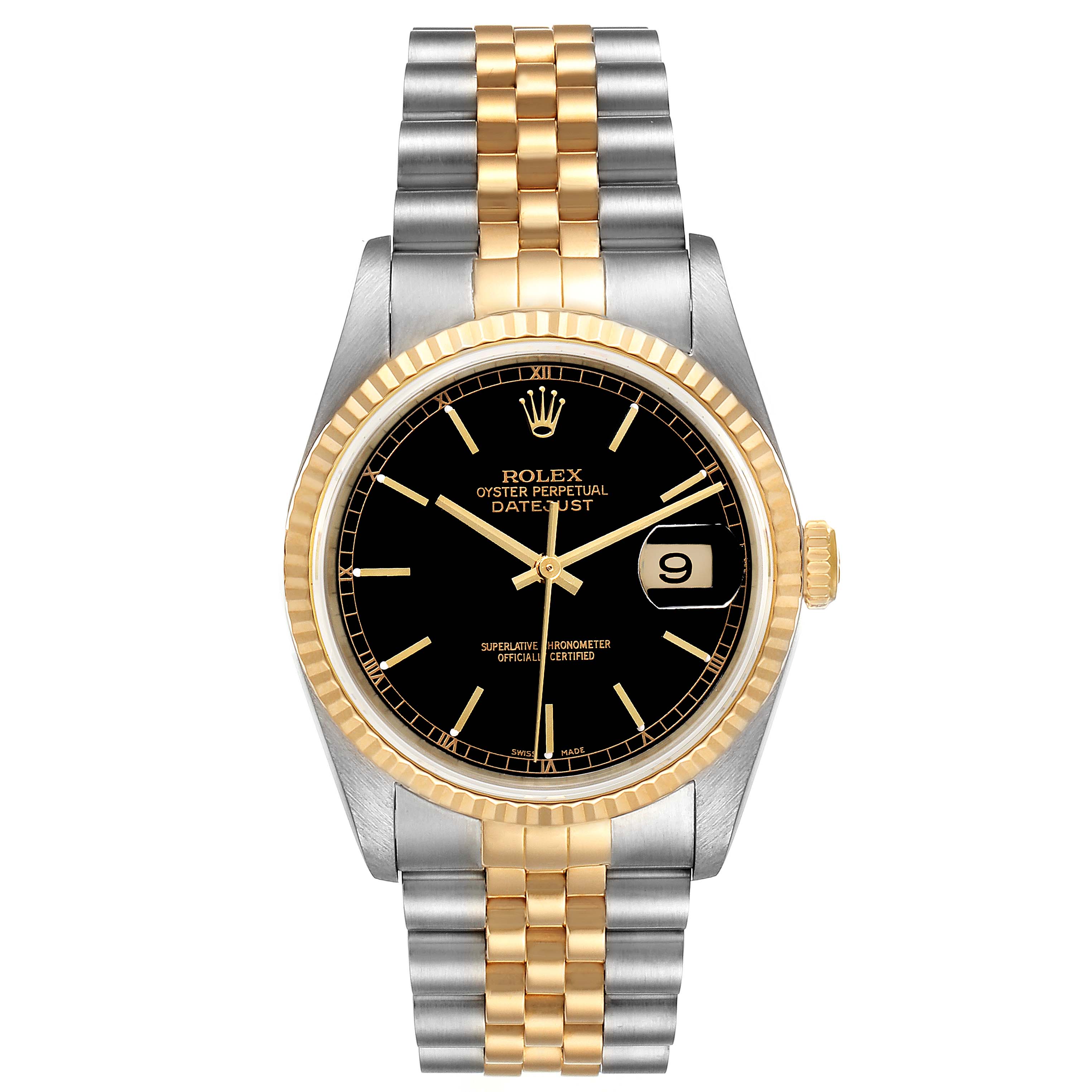 This image shows a front view of a Rolex Datejust 16233 Men's Steel and Gold (two tone) Black Dial 16233 Men's Steel and Gold (two tone) Black Dial watch featuring a black dial, date window, gold bezel, and a two-tone bracelet.