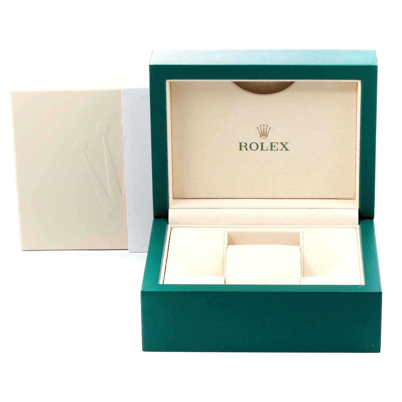 This image shows the open presentation box for a Rolex Datejust 179161 Women's Rose Gold Pink Dial 179161 Women's Rose Gold Pink Dial watch, displaying its inner padding and branding.