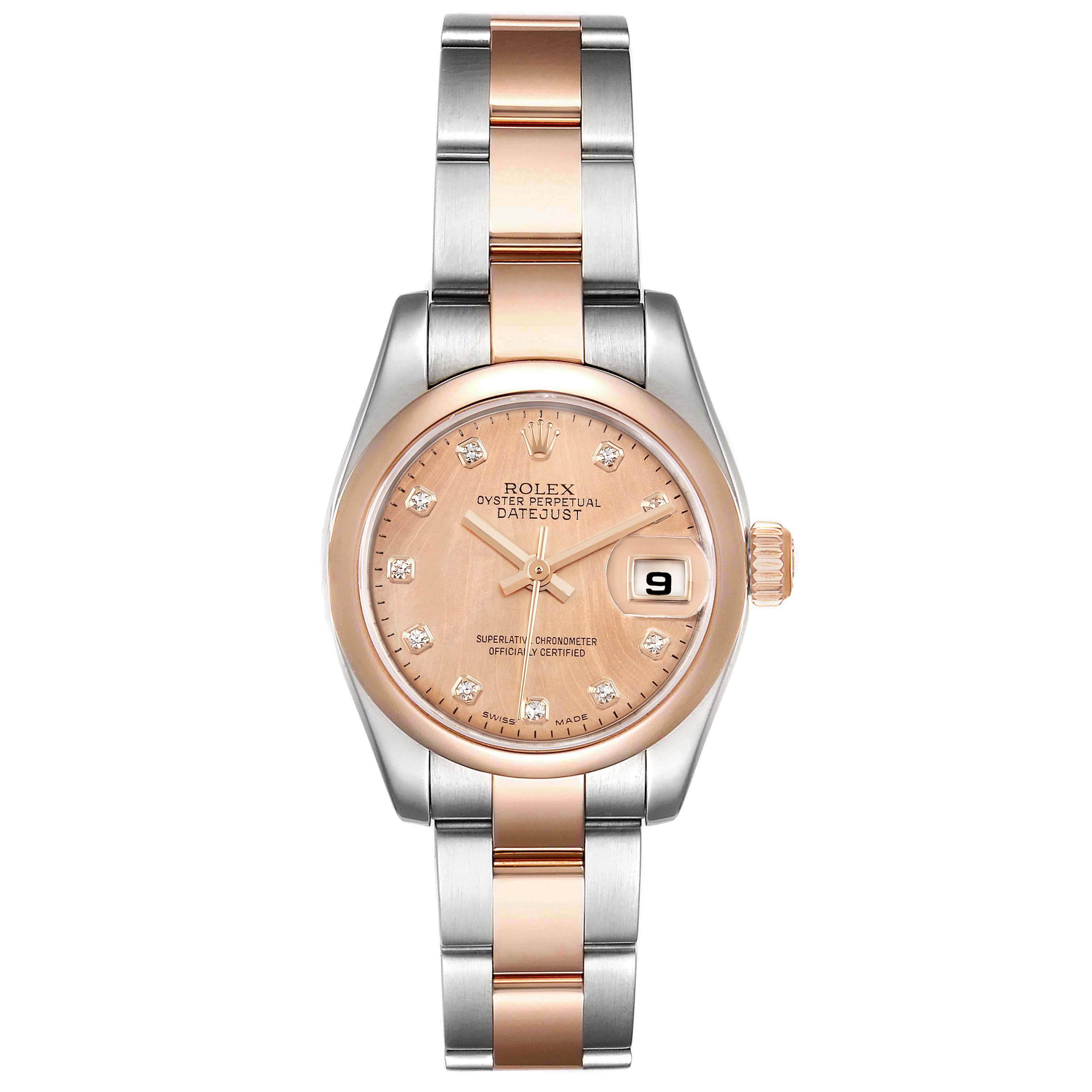 The Rolex Datejust 179161 Women's Rose Gold Pink Dial 179161 Women's Rose Gold Pink Dial watch is shown from a top-down angle, highlighting its dial, bezel, and bracelet.