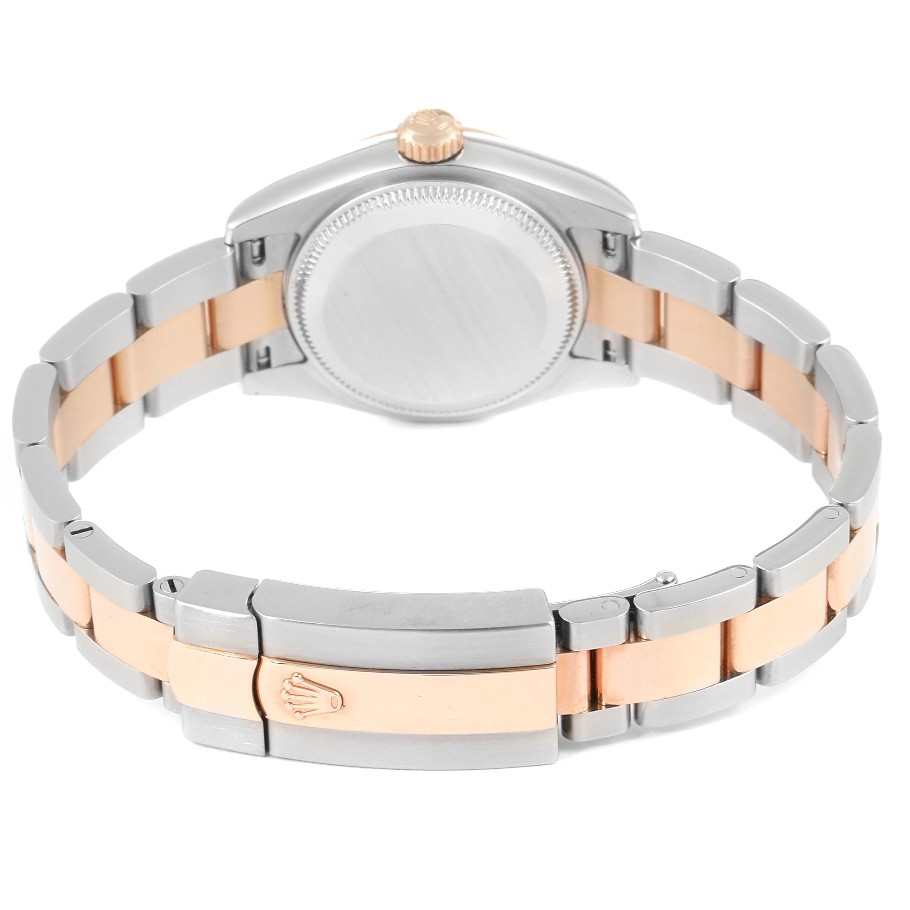 This image of the Rolex Datejust 179161 Women's Rose Gold Pink Dial 179161 Women's Rose Gold Pink Dial model shows the back of the watch case and the two-tone bracelet with the clasp opened.