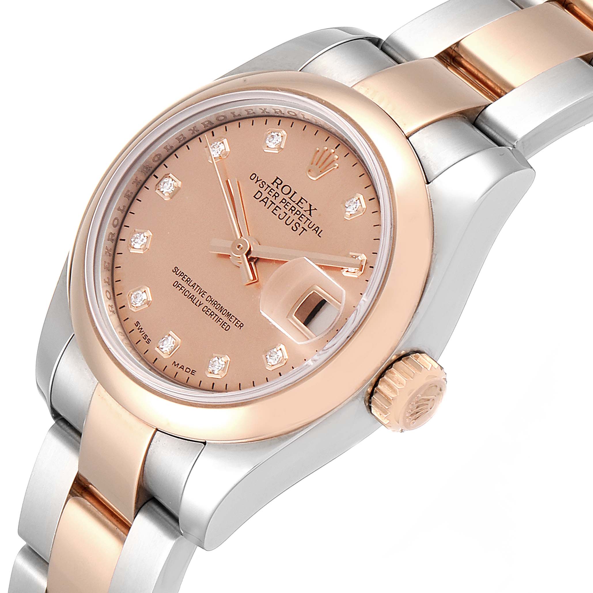 This Rolex Datejust 179161 Women's Rose Gold Pink Dial 179161 Women's Rose Gold Pink Dial watch is shown from an angled side view, highlighting the dial, crown, and two-tone bracelet.