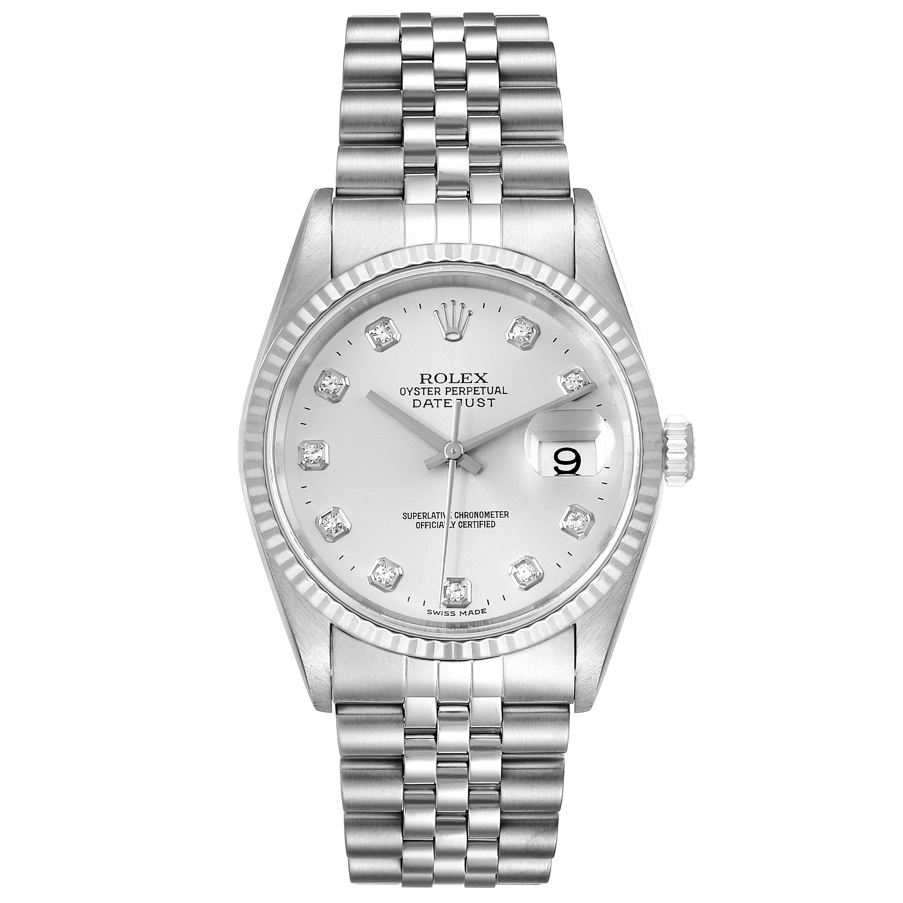 This image shows a front view of a Rolex Datejust 16234 Men's Stainless Steel Silver Dial 16234 Men's Stainless Steel Silver Dial watch displaying its silver dial, fluted bezel, Jubilee bracelet, and date window.