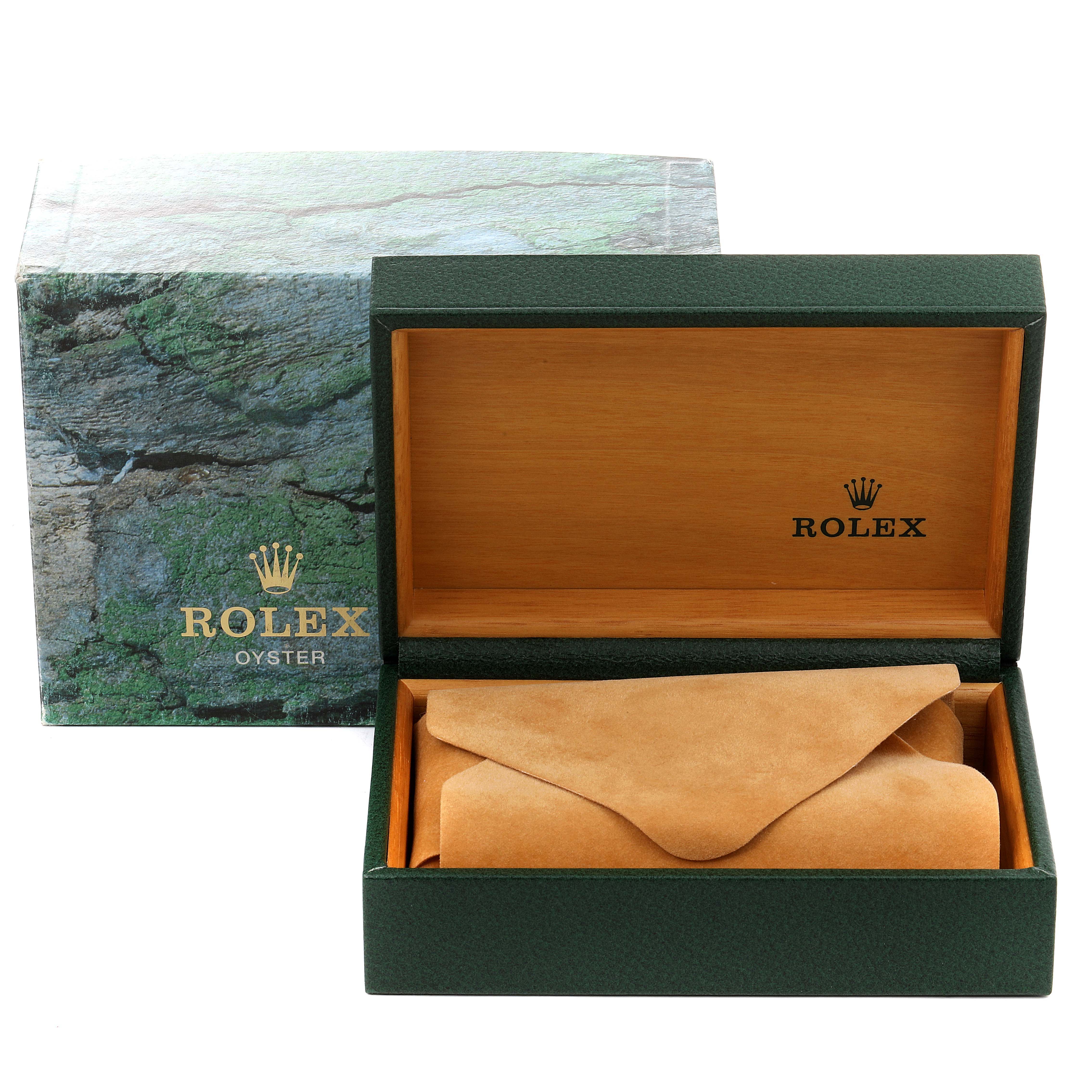 The image shows a Rolex Datejust 16234 Men's Stainless Steel Silver Dial 16234 Men's Stainless Steel Silver Dial watch's open box and outer packaging featuring the Rolex logo.