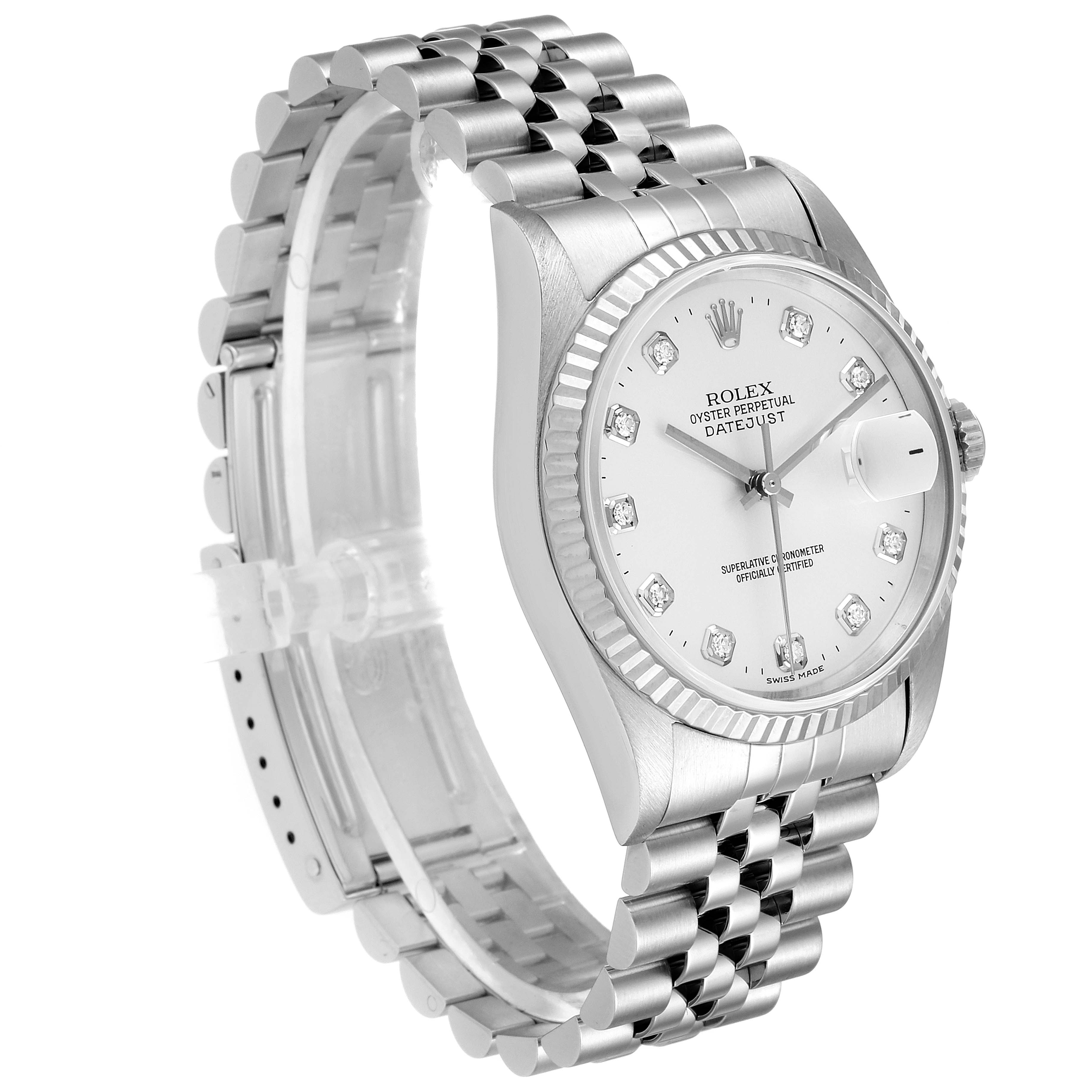 The Rolex Datejust 16234 Men's Stainless Steel Silver Dial 16234 Men's Stainless Steel Silver Dial watch is shown at a slight angle, highlighting the bracelet, case, and dial.