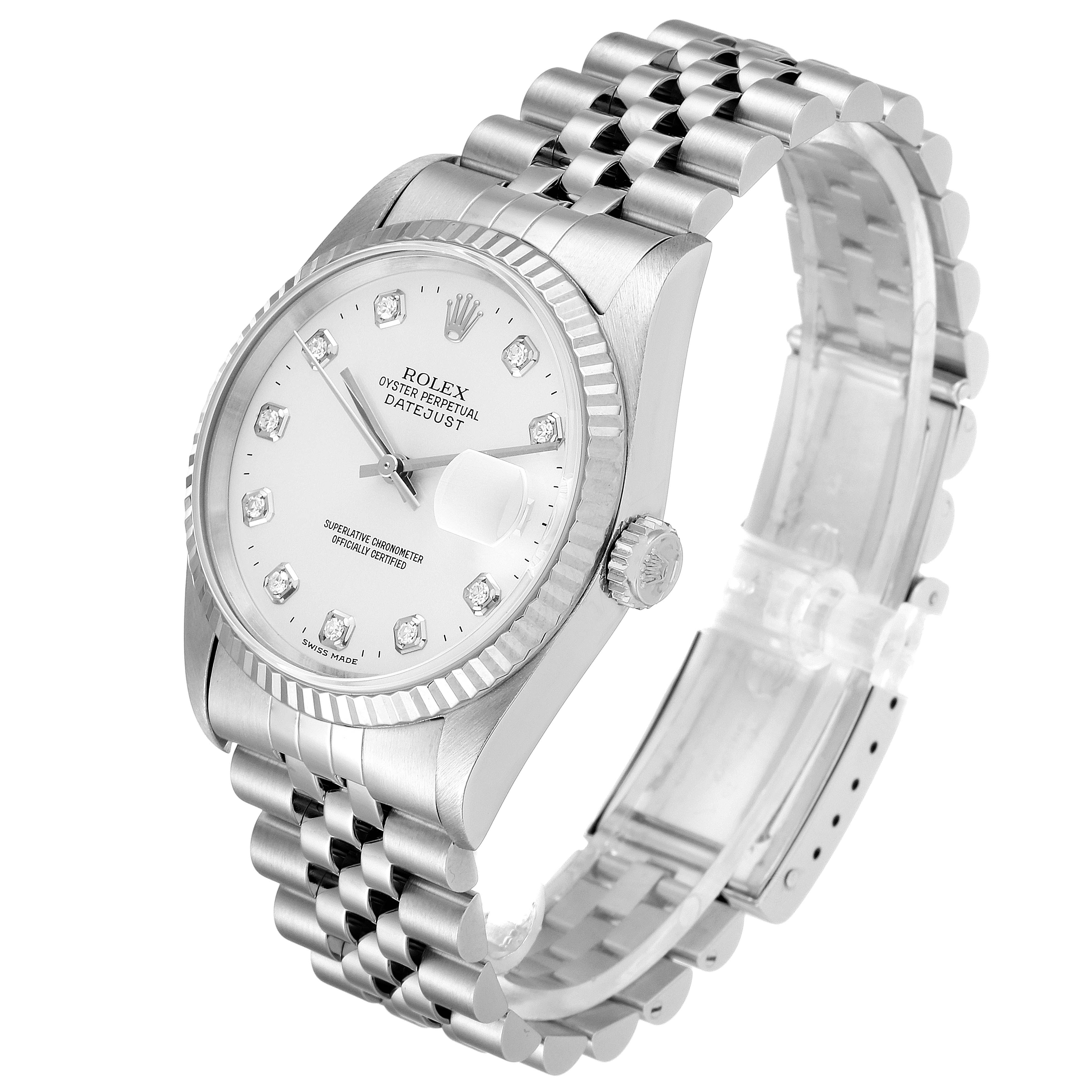The image shows a Rolex Datejust 16234 Men's Stainless Steel Silver Dial 16234 Men's Stainless Steel Silver Dial watch at a three-quarter angle highlighting its face, bezel, and bracelet.