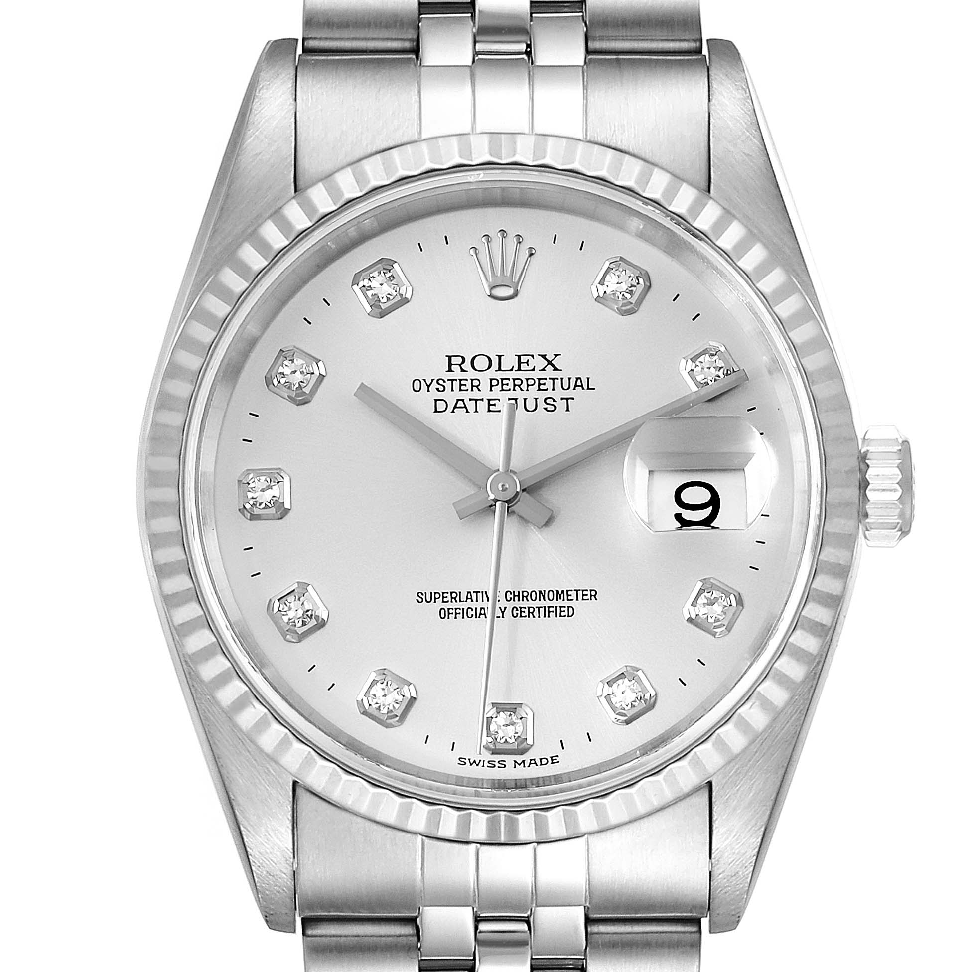 This image shows a close-up, front-facing view of a Rolex Datejust 16234 Men's Stainless Steel Silver Dial 16234 Men's Stainless Steel Silver Dial watch, displaying the dial, bezel, and part of the bracelet.