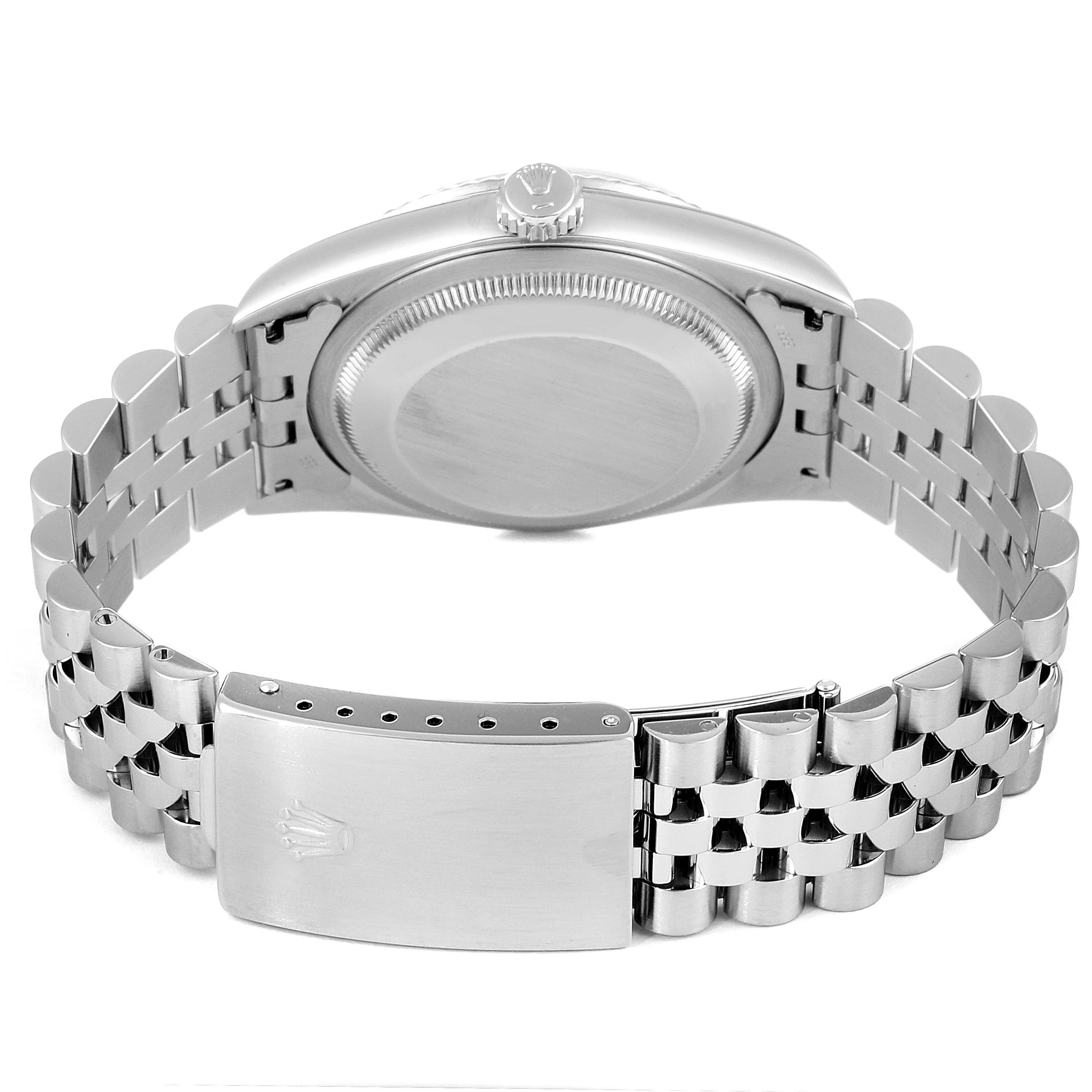 This image shows the back case and Jubilee bracelet of a Rolex Datejust 16234 Men's Stainless Steel Silver Dial 16234 Men's Stainless Steel Silver Dial watch from an underside angle.