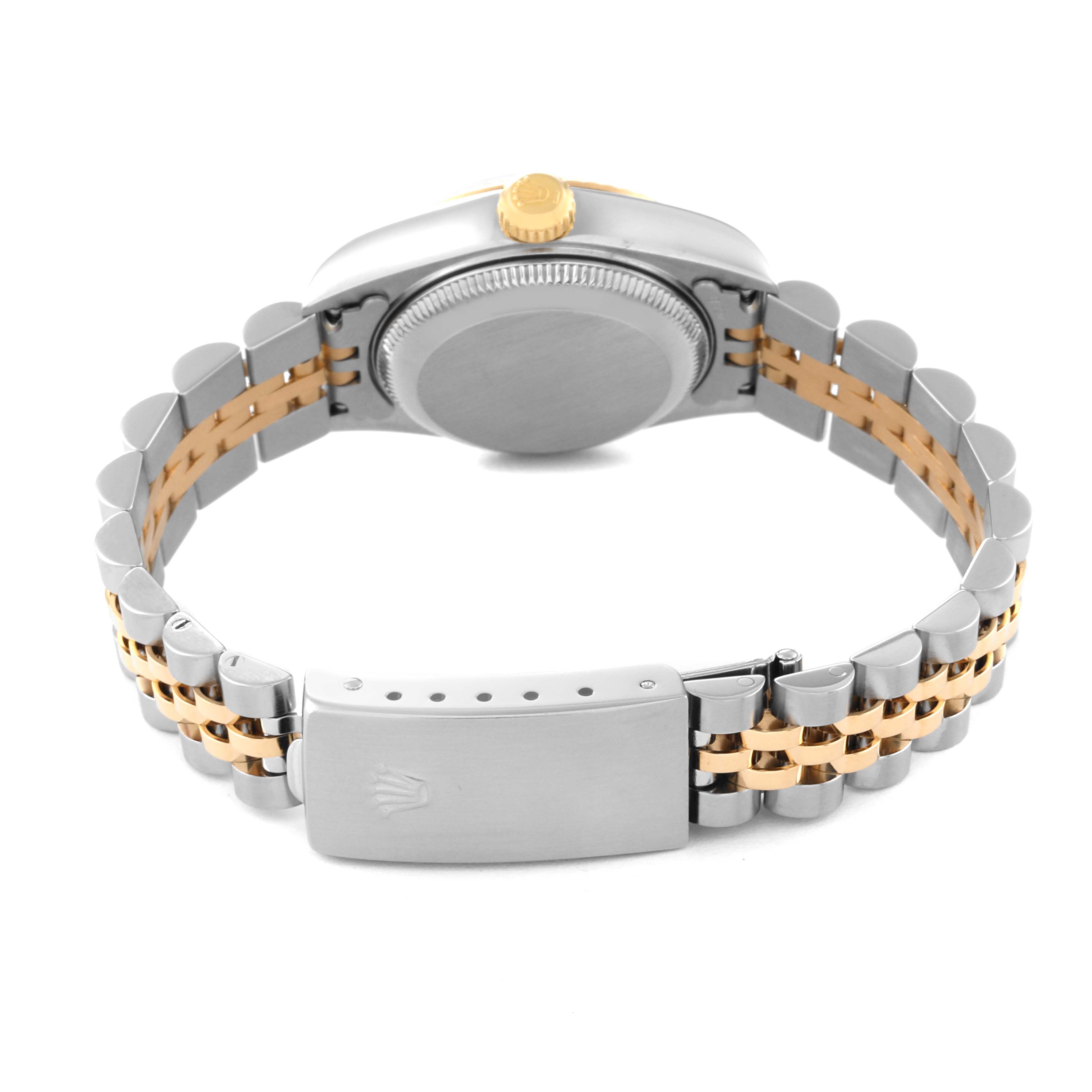 This image shows the back view of a Rolex Datejust 79173 Women's Steel and Gold (two tone) Champagne Dial 79173 Women's Steel and Gold (two tone) Champagne Dial watch, highlighting the case back, crown, and two-tone bracelet.