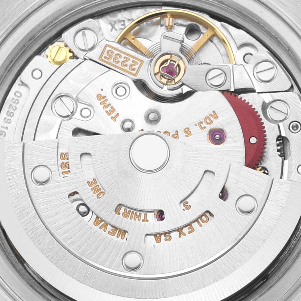 The image shows a close-up view of the movement mechanism of a Rolex Datejust 79173 Women's Steel and Gold (two tone) Champagne Dial 79173 Women's Steel and Gold (two tone) Champagne Dial model watch.