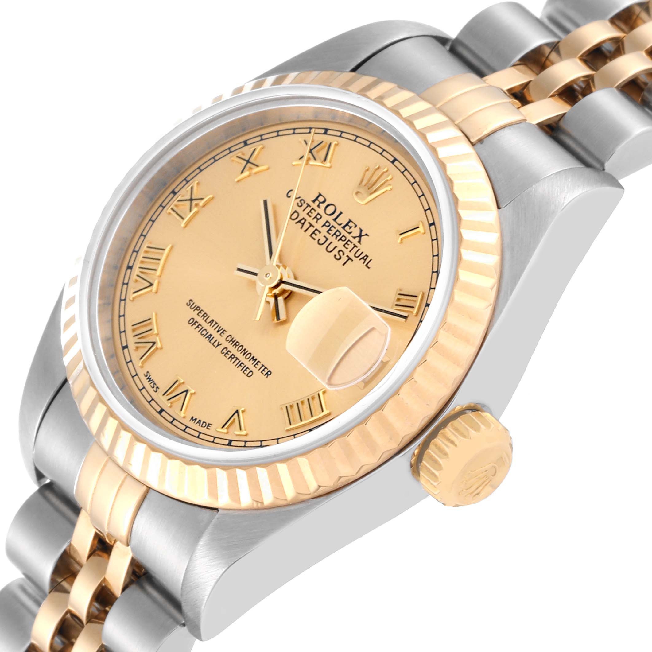 This image shows a close-up side angle of the Rolex Datejust 79173 Women's Steel and Gold (two tone) Champagne Dial 79173 Women's Steel and Gold (two tone) Champagne Dial watch, highlighting the dial, fluted bezel, bracelet, and crown.