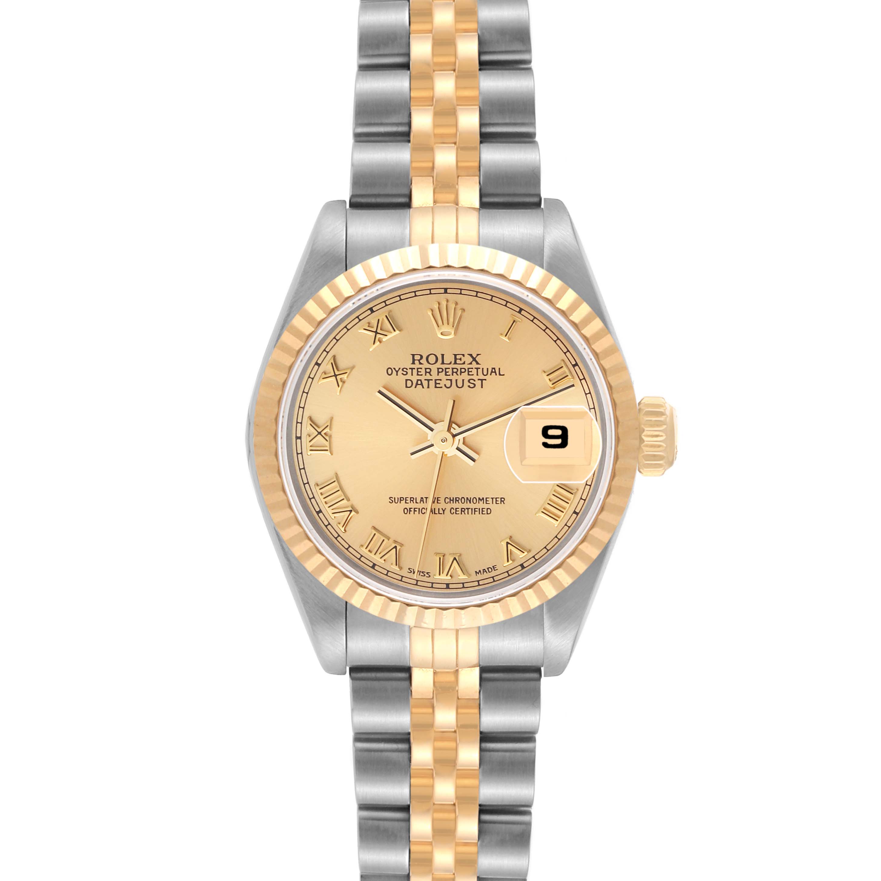 This is a head-on view of a Rolex Datejust 79173 Women's Steel and Gold (two tone) Champagne Dial 79173 Women's Steel and Gold (two tone) Champagne Dial watch, showing the dial, hands, fluted bezel, crown, and two-tone bracelet.