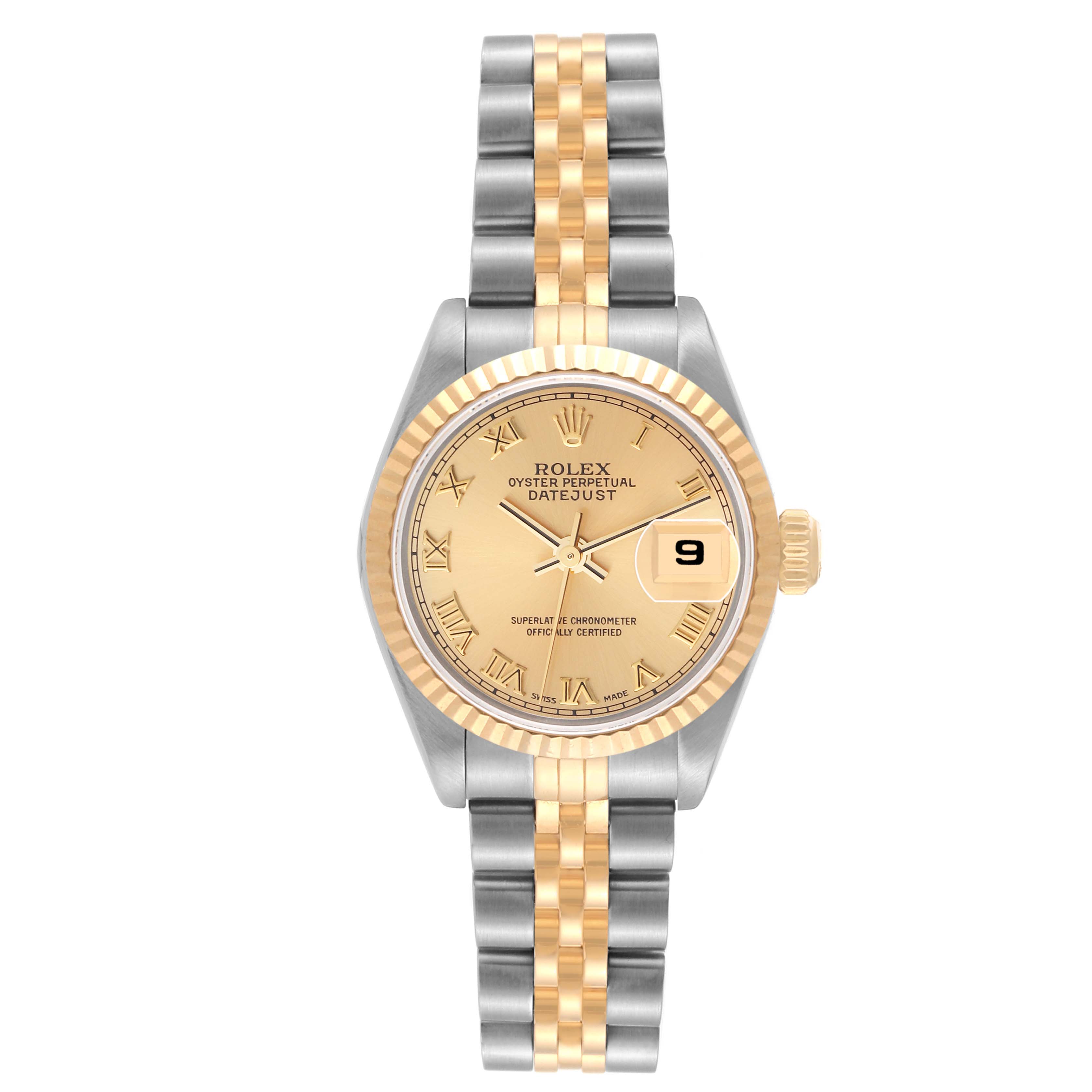 The image shows a front view of a Rolex Datejust 79173 Women's Steel and Gold (two tone) Champagne Dial 79173 Women's Steel and Gold (two tone) Champagne Dial watch, displaying the dial, bezel, and two-tone bracelet.