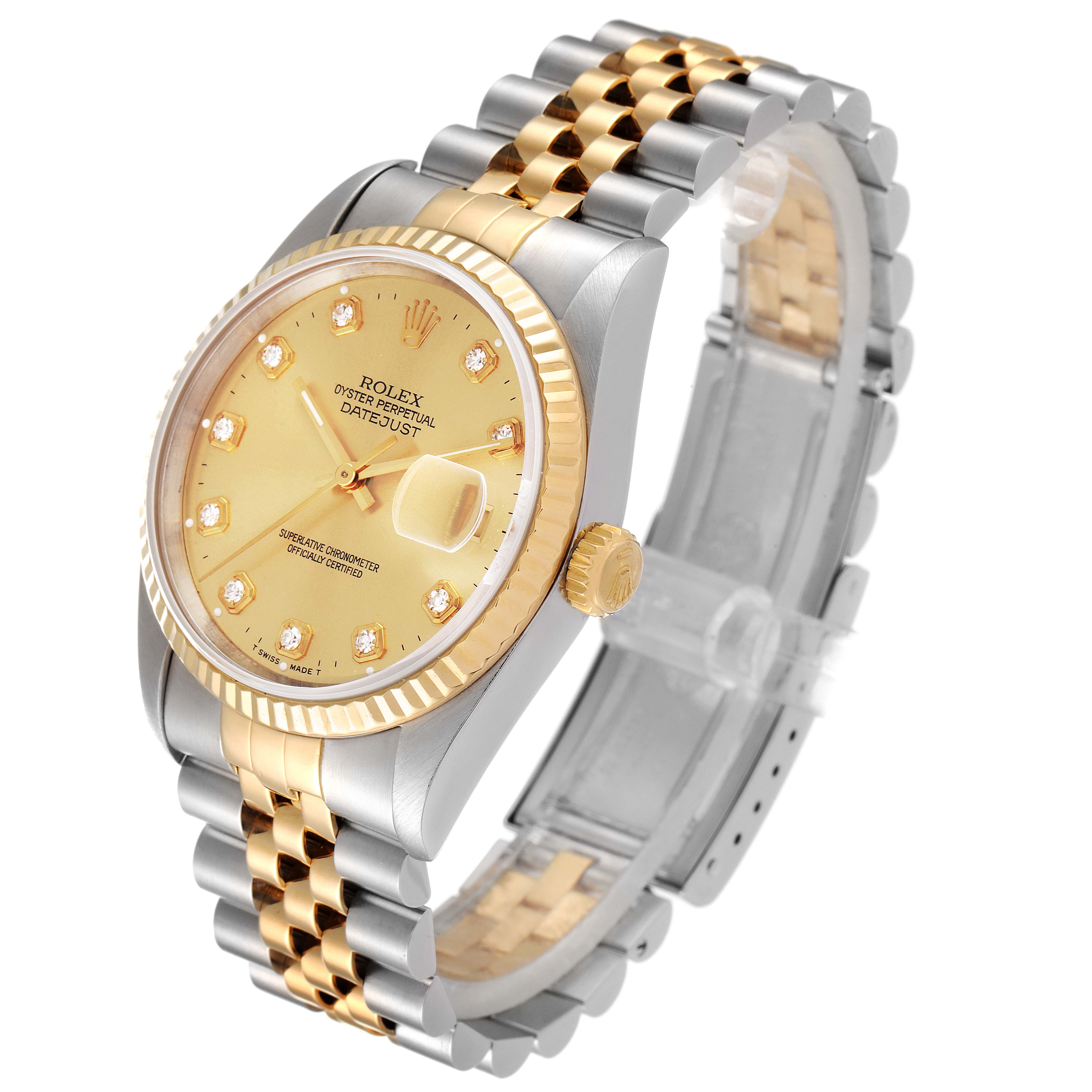 The Rolex Datejust 16233 Men's Steel and Gold (two tone) Champagne Dial 16233 Men's Steel and Gold (two tone) Champagne Dial watch is shown at a three-quarter angle, displaying the gold and silver bracelet, dial, and crown.